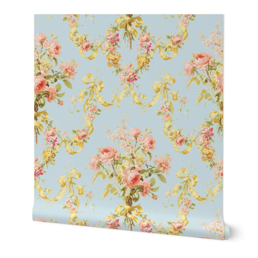 Removable Wallpaper Swatch - Floral Damask Vintage Blue Antique Victorian Roses Watercolor Design | Pre-Pasted Peel & Stick Wallpaper by Spoonflower | Perfect for Nursery, Bedroom, Accent Walls & DIY Home Decor