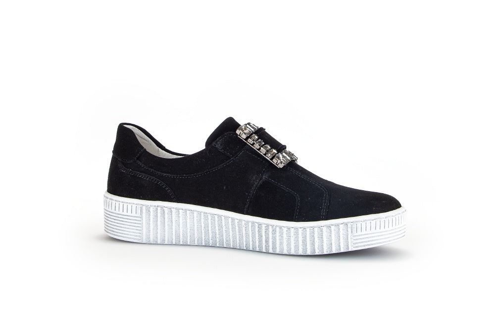 Gabor Black Suede Slip-On Sneakers with Diamante Buckle - Women's Comfortable Casual Shoes for Work, Travel & Everyday Wear (Style 33817)