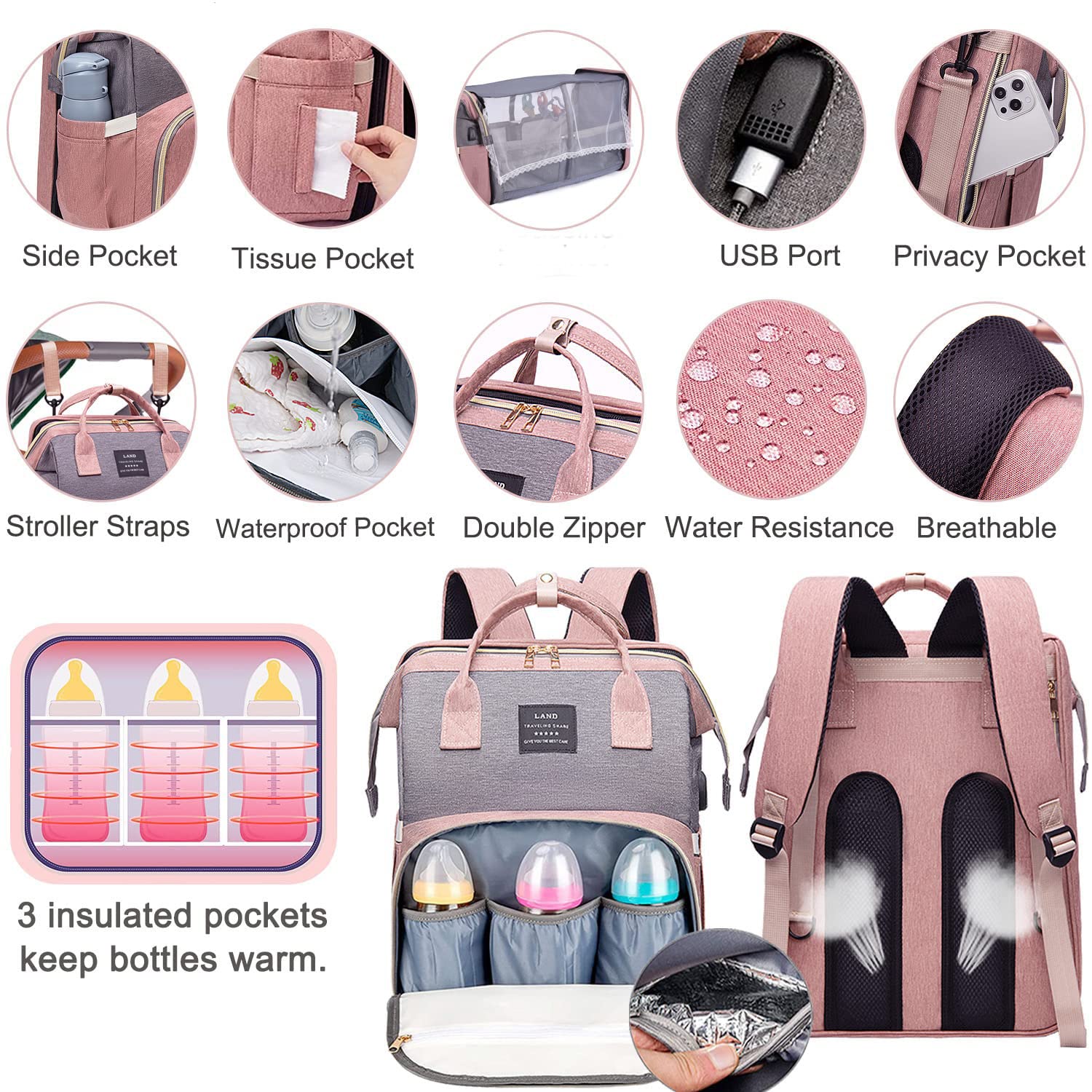 ANWTOTU Large Capacity Diaper Backpack with Changing Station - 900D Oxford Waterproof Diaper Bag for Boys & Girls (Pink Grey) - Perfect for Travel, Daycare & On-the-Go Parents