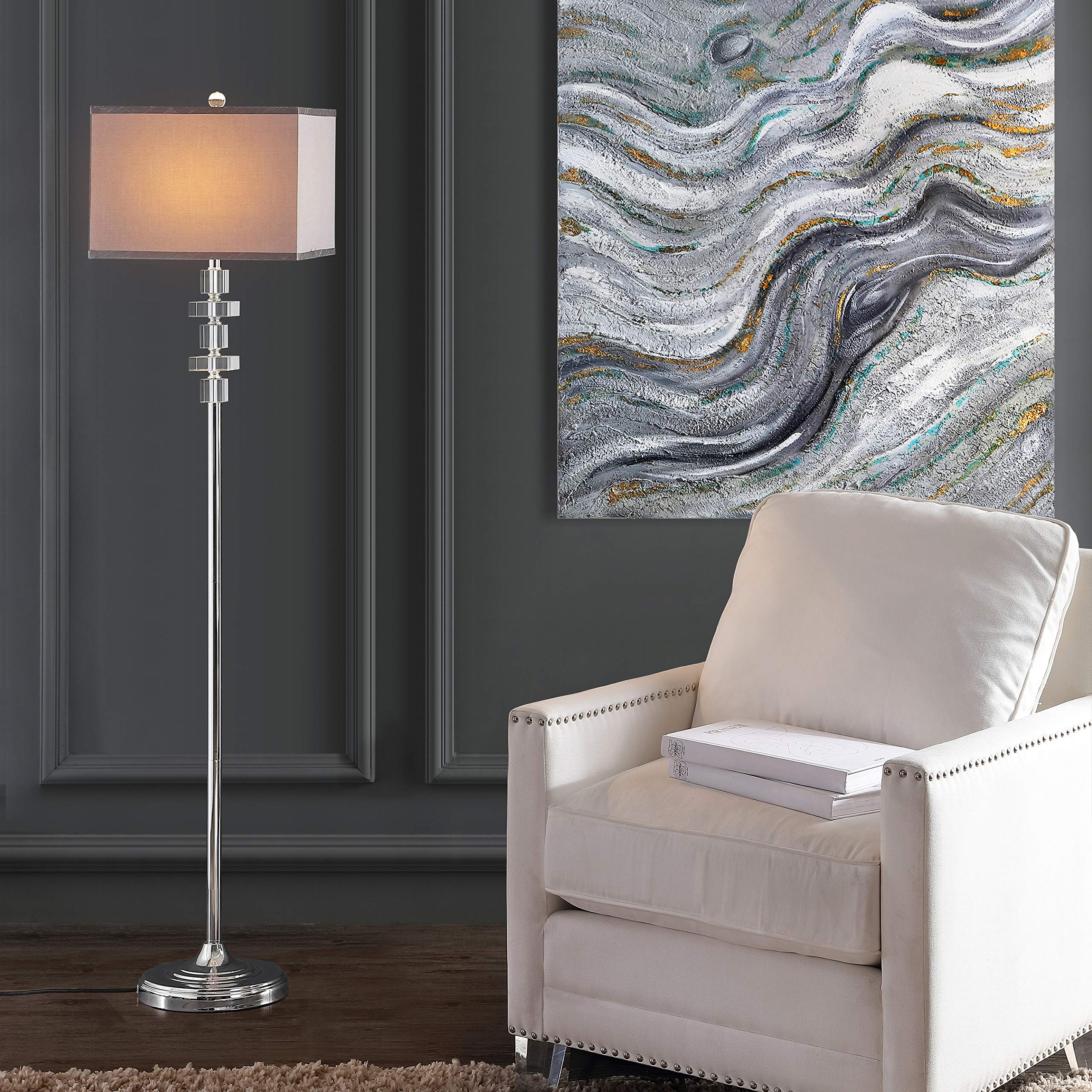 SAFAVIEH Times Square Modern Crystal & Chrome 60-inch LED Floor Lamp - Clear Glass Shade with Chrome Finish for Living Room, Bedroom, Home Office - Bright Ambient Lighting for Reading & Decor (Bulb Included)