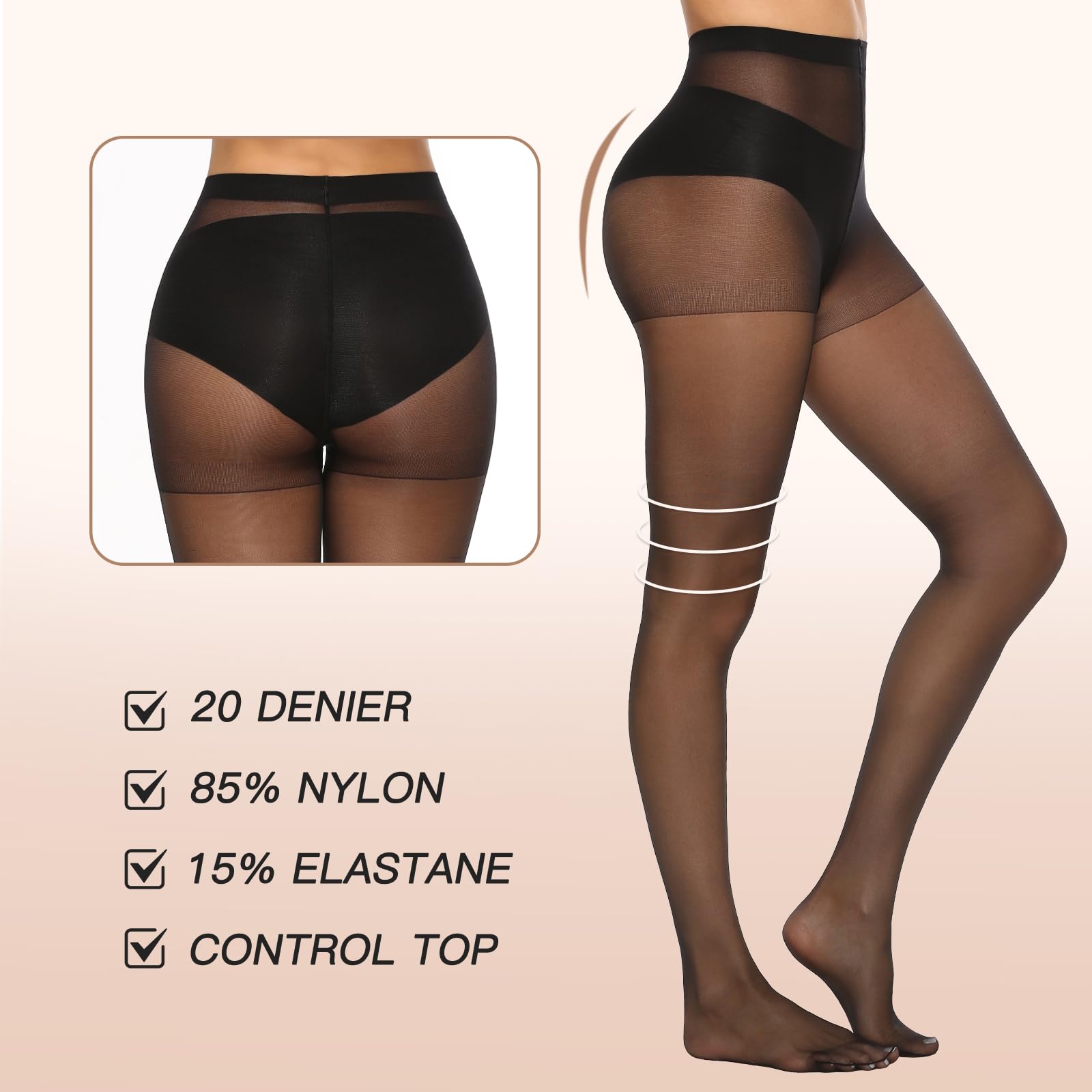MANZI 6 Pairs 20D Women's Ultra Thin Sheer Tights - High Waist Pantyhose & Thigh Stockings for Everyday Wear, Office, Date Night & Special Occasions