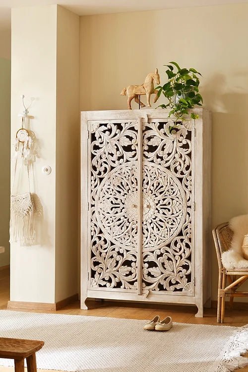 Hand Carved White Wooden Floral Pattern Armoire Wardrobe - Traditional Indian Furniture for Bedroom Storage & Home Decor