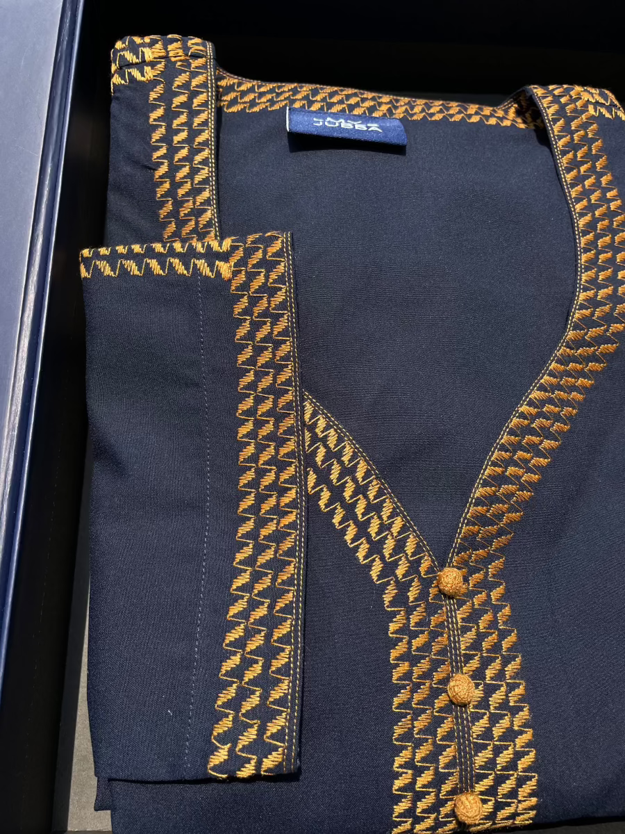 Men's Navy Blue with Orange Embroidery Islamic Thobe 3/4 Sleeve - Traditional Moroccan Kaftan for Eid, Prayer & Special Occasions