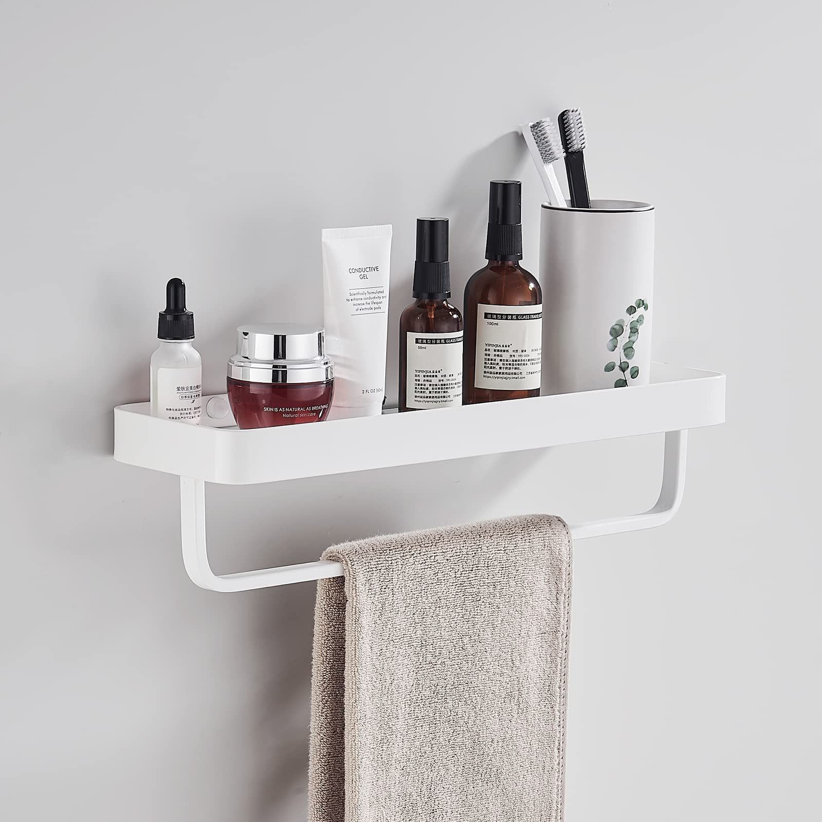 15.7 Inch Wall Mounted Bathroom Glass Shelf with Towel Bar - Modern Shower Organizer & Kitchen Spice Rack - White Rectangular Over Toilet Storage for Bathroom, Kitchen & Vanity Decor