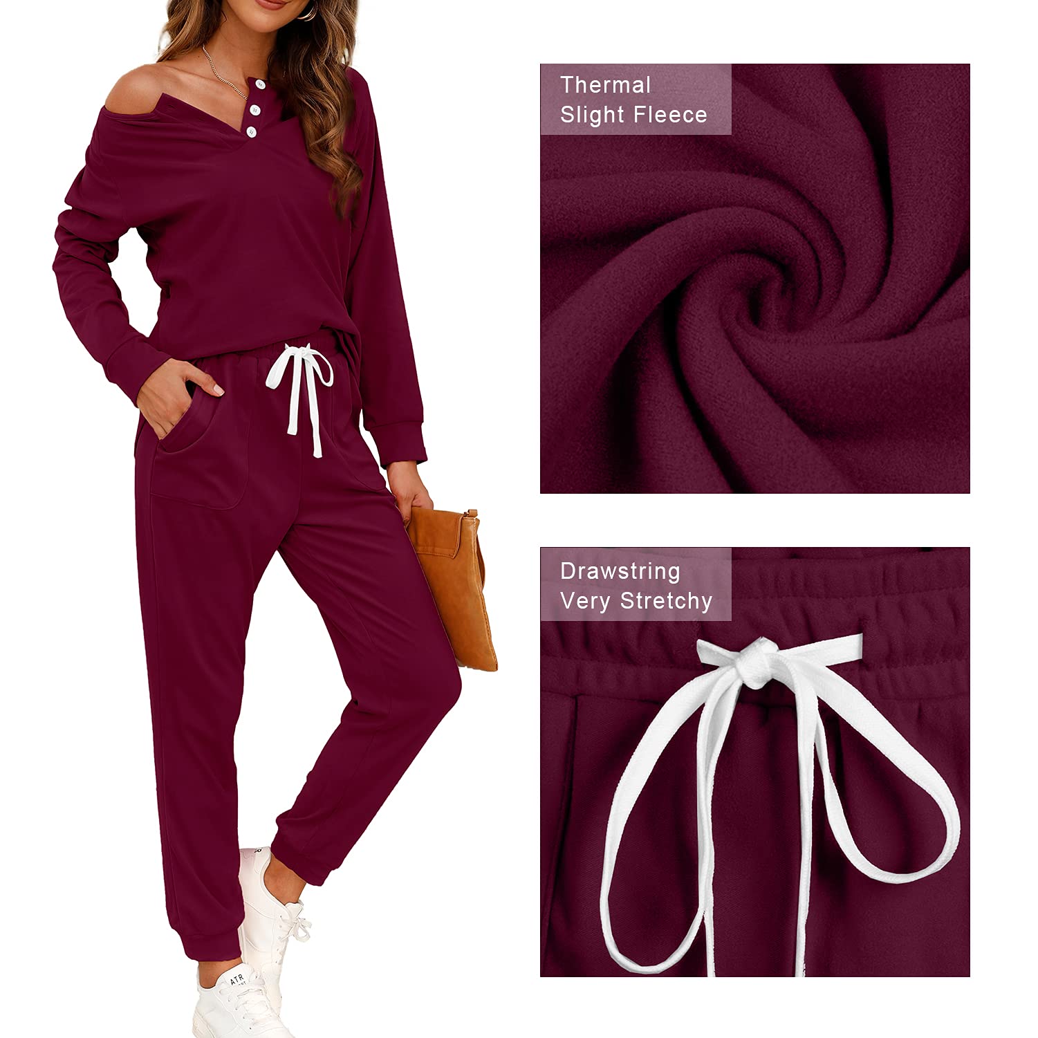 WIHOLL Women's 2-Piece Lounge Set - Button Down Sweatshirt & Sweatpants with Pockets | Casual Outfit for Home, Travel & Relaxation | Soft Comfortable Sweatsuit for Women