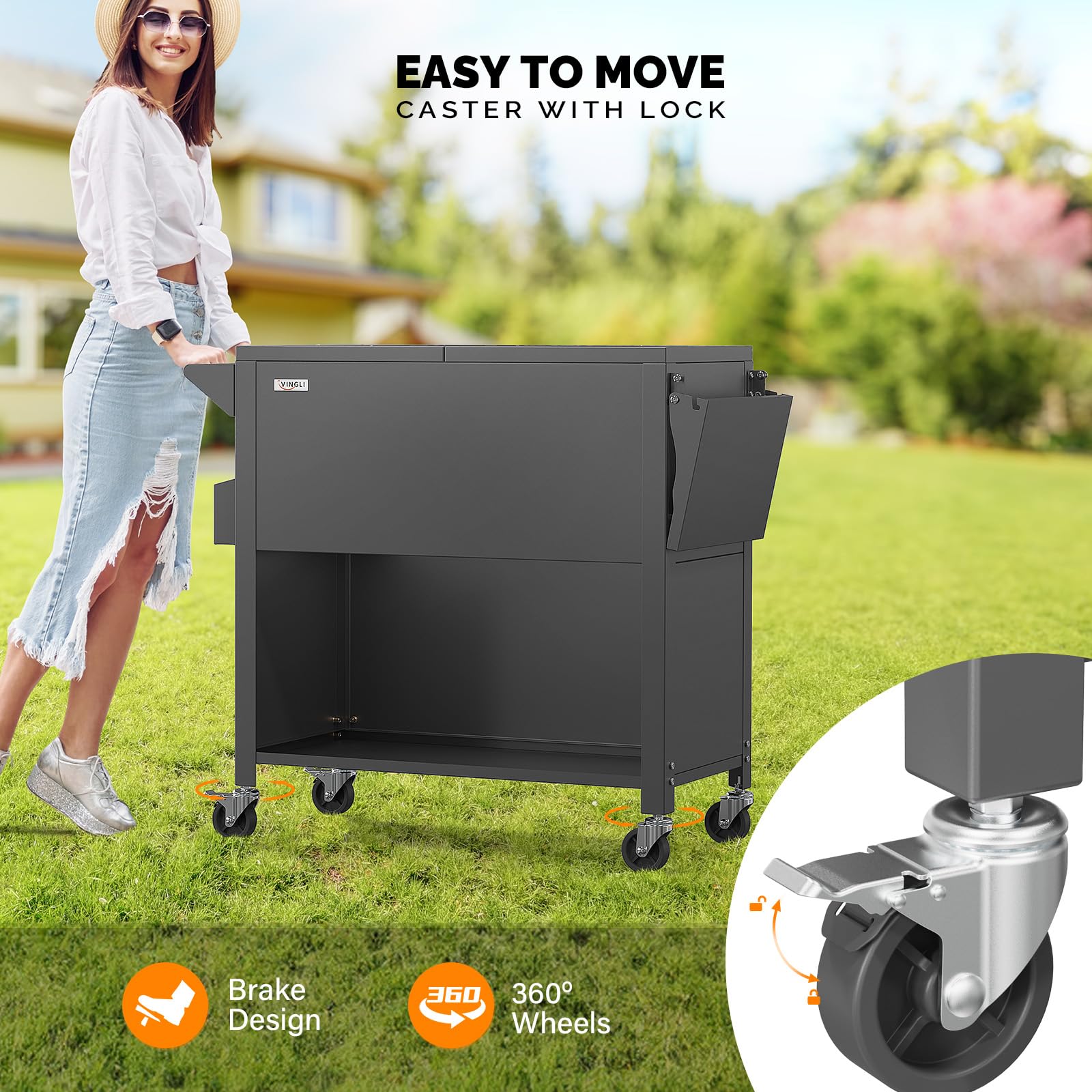 VINGLI 80 Quart Rolling Cooler with Wheels - Heavy Duty Outdoor Ice Chest for Camping, Beach, Tailgating & Parties - Includes Removable Shelf, Bottle Opener & Water Pipe - Perfect for Backyard BBQs, Poolside Drinks & Picnics