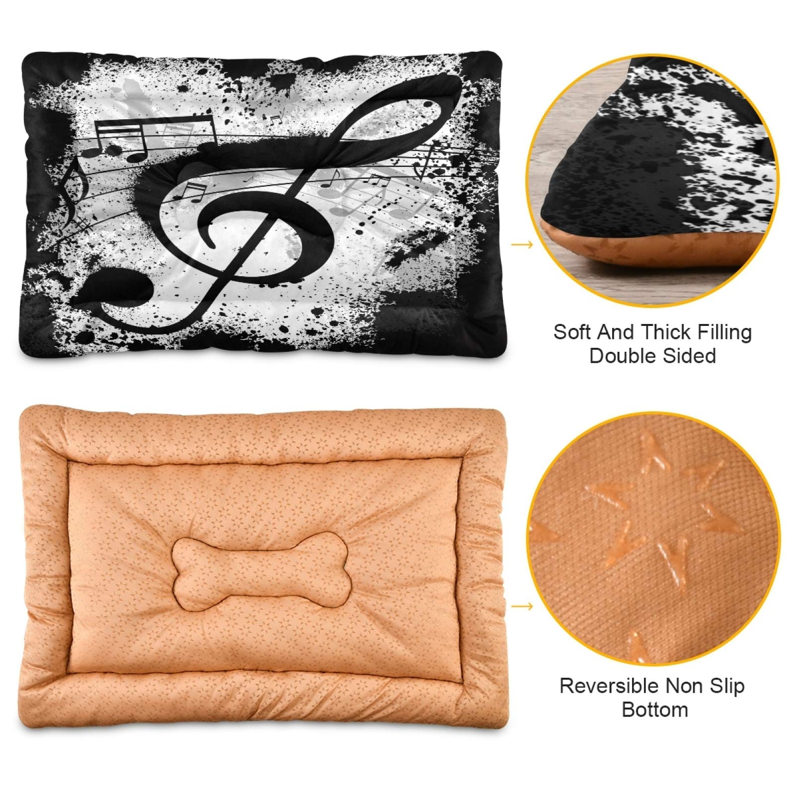Black Music Notes Dog Bed & Cat Bed - Rectangle Ultra Soft Comfortable Pet Bed for Small Medium Large Dogs - Calming Plush Pet Mat 36x24 Inches - Perfect for Living Room, Bedroom & Pet Nursery
