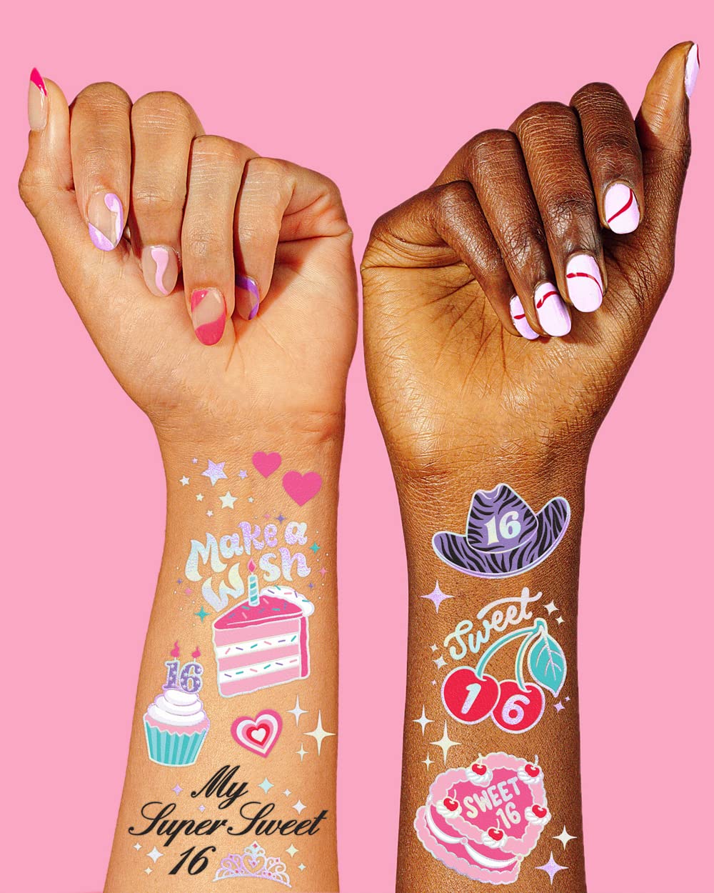 Fetti Sweet 16 Birthday Temporary Tattoos - 42 Metallic Styles for 16th Birthday Party Decorations | Bday Girl Gift, Sweet Sixteen Party Favors, Goodie Bag Fillers | Perfect for Birthday Celebrations, Teen Parties & Special Occasions