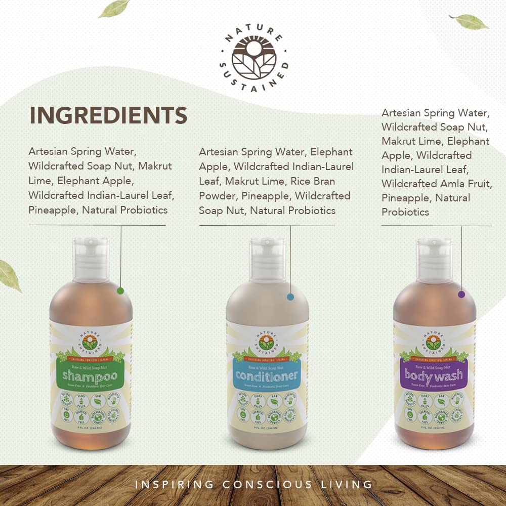 Natural Probiotic Soapberry Body Wash & Shampoo Set (3-Pack) | pH Balanced, Unscented for Dry Hair & Sensitive Skin | Gentle Cleansing for Daily Hair & Body Care | 9oz Bottles
