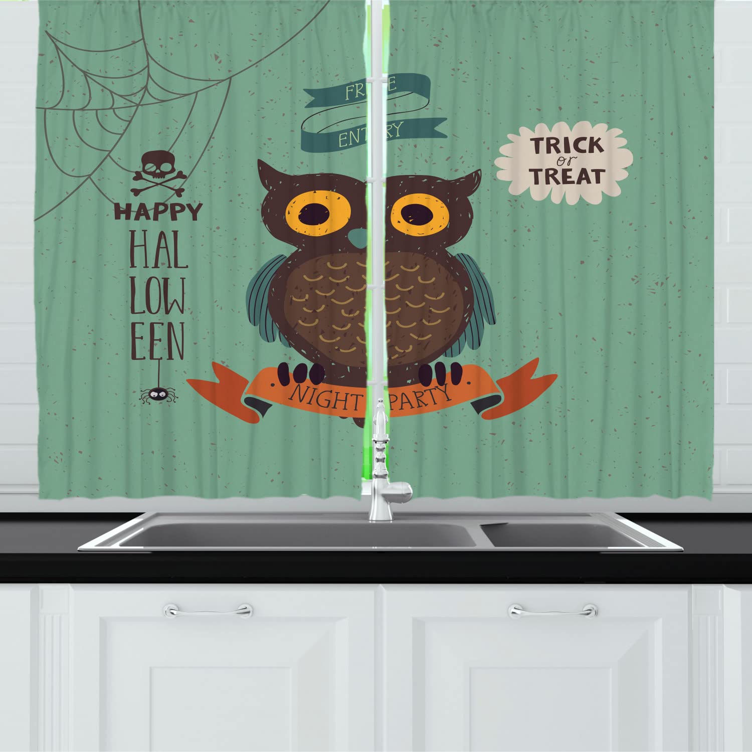 Ambesonne Halloween Kitchen Curtains - Owl & Skull Print Trick or Treat Drapes, 55