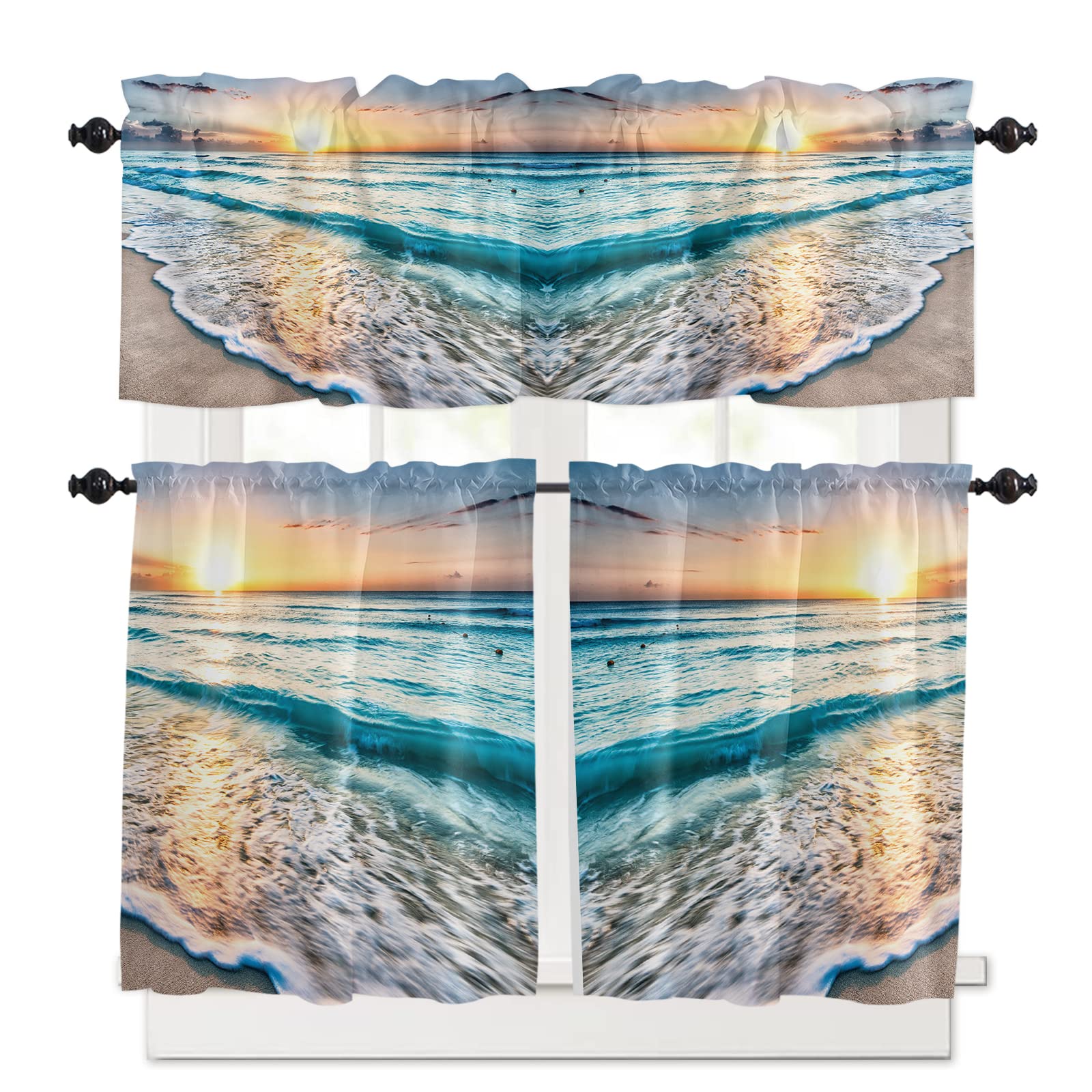 Sunset Beach Blue Waves Kitchen Curtain Set - Light Filtering Tier Curtains with Valance (54x18in + 2x27.5x36in) for Coastal Style Kitchens - Perfect for Beach House, Cottage or Farmhouse Decor