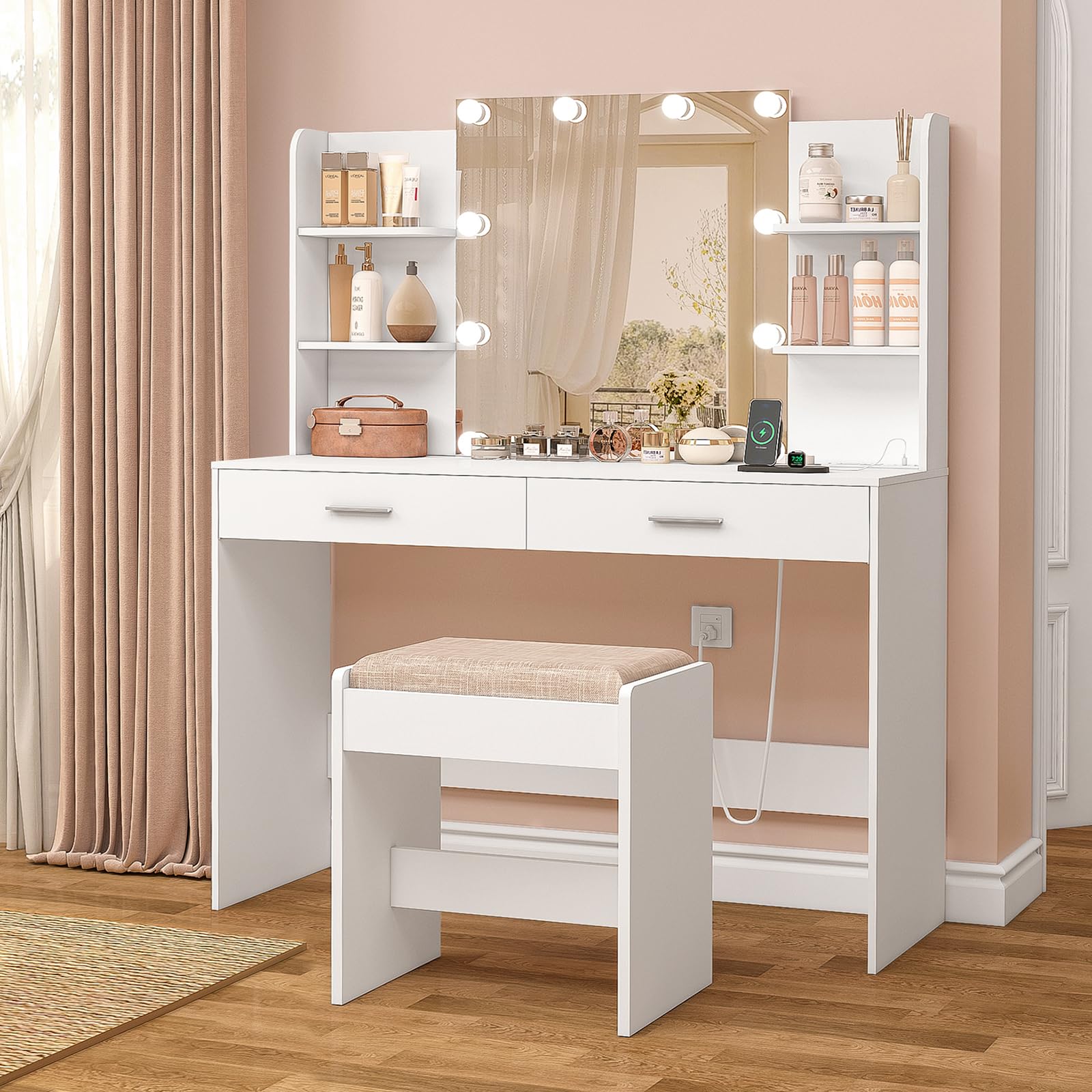 White Vanity Desk with Mirror & LED Lights - 2 Drawers & 6 Storage Shelves, Dressing Table with Power Outlet for Women & Girls - Perfect for Bedroom Makeup & Beauty Routine