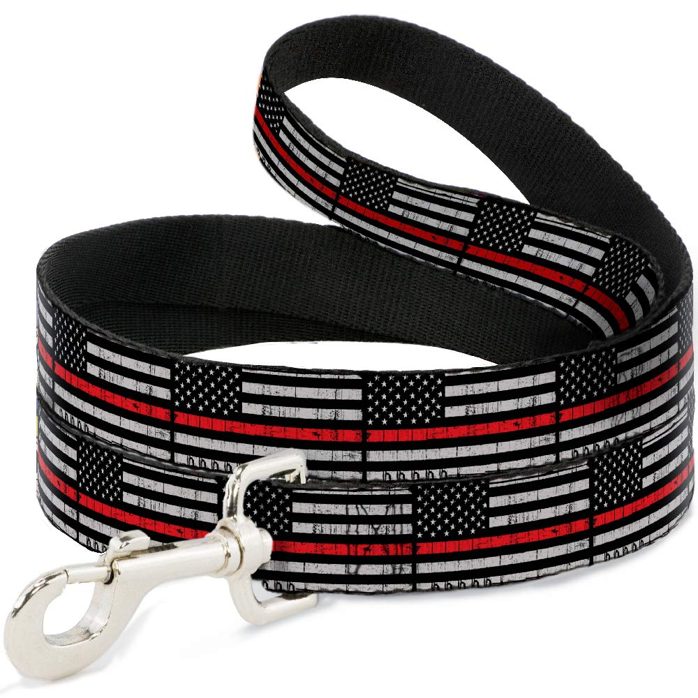 Buckle-Down Thin Red Line Dog Leash - 4FT Weathered Black & Red Nylon Pet Lead (0.5