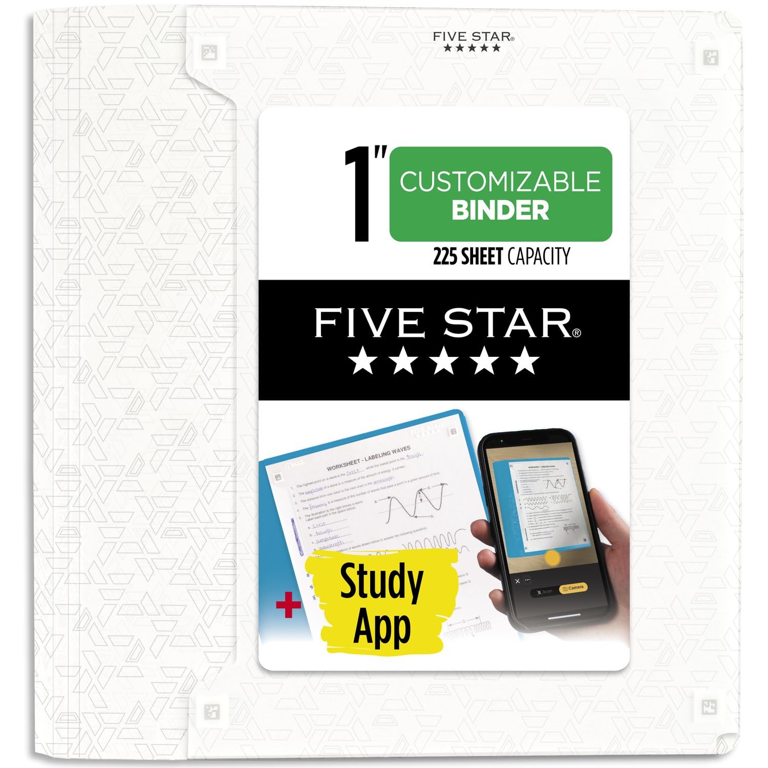 Five Star 3 Ring Binder, 1 Inch D-Ring Binder with Clear View Cover - Customizable White Poly Binder with Study App (261440A-ECM) - Perfect for School, Office & Organization