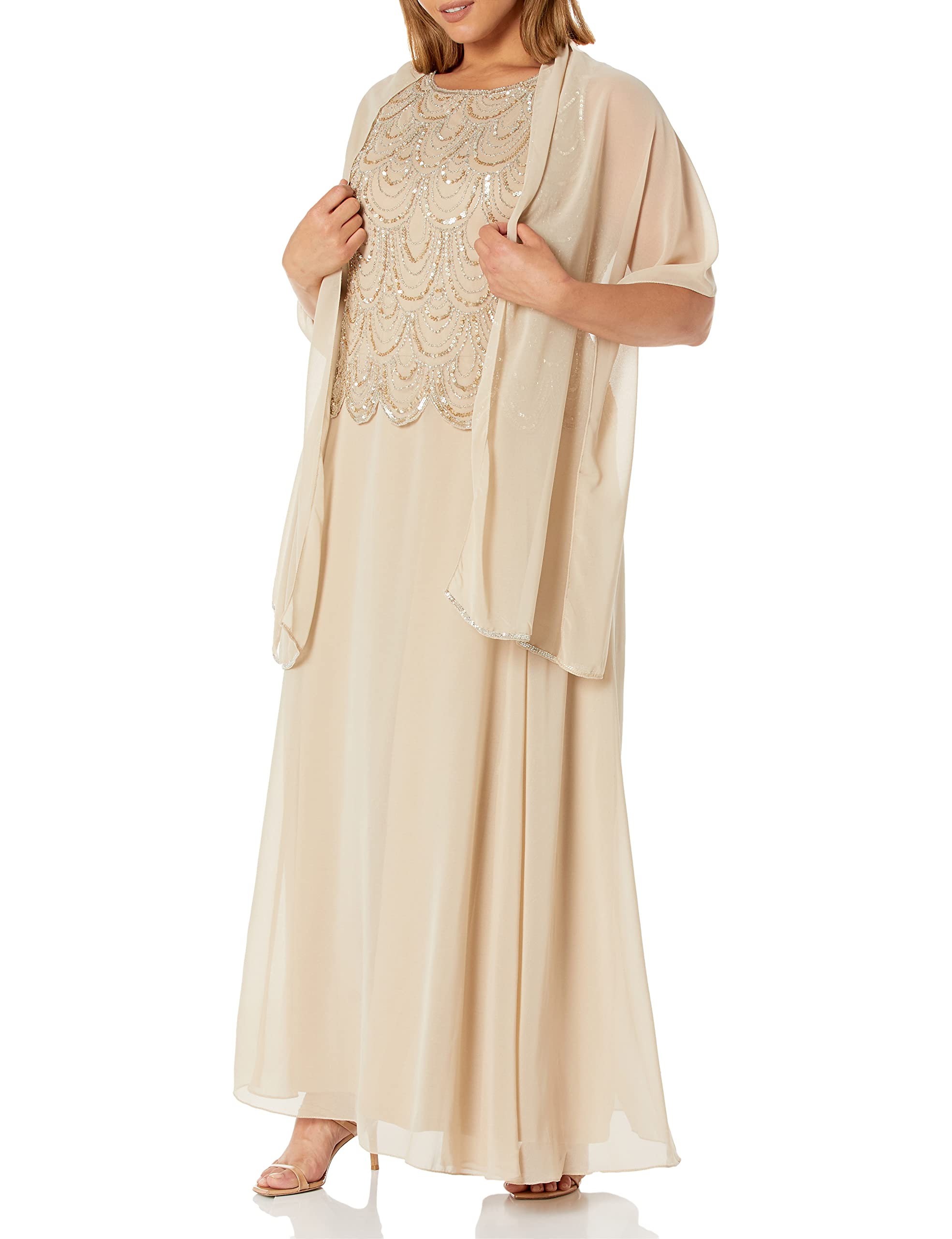 J Kara Women's Sleeveless Beaded Pop Over Dress with Scarf - Elegant Summer Party Outfit for Weddings, Cocktail Parties & Beach Vacations