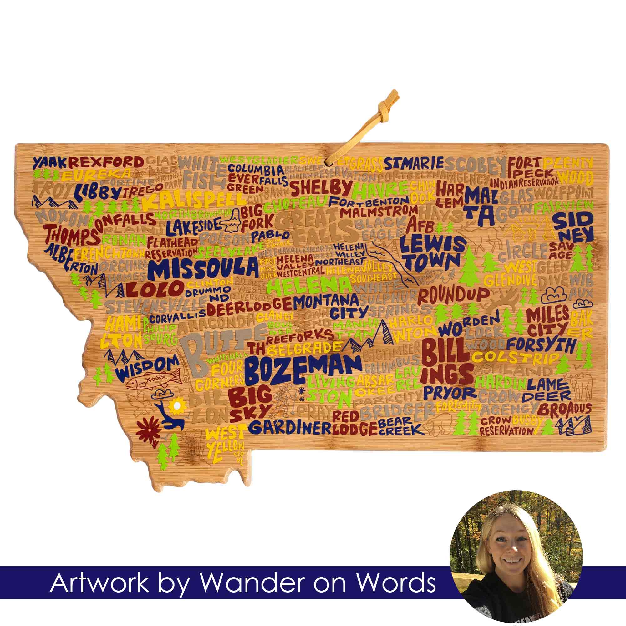 Montana Wood Cutting Board with Handcrafted Artwork by Wander on Words™ - Perfect for Kitchen, Dining & Home Decor