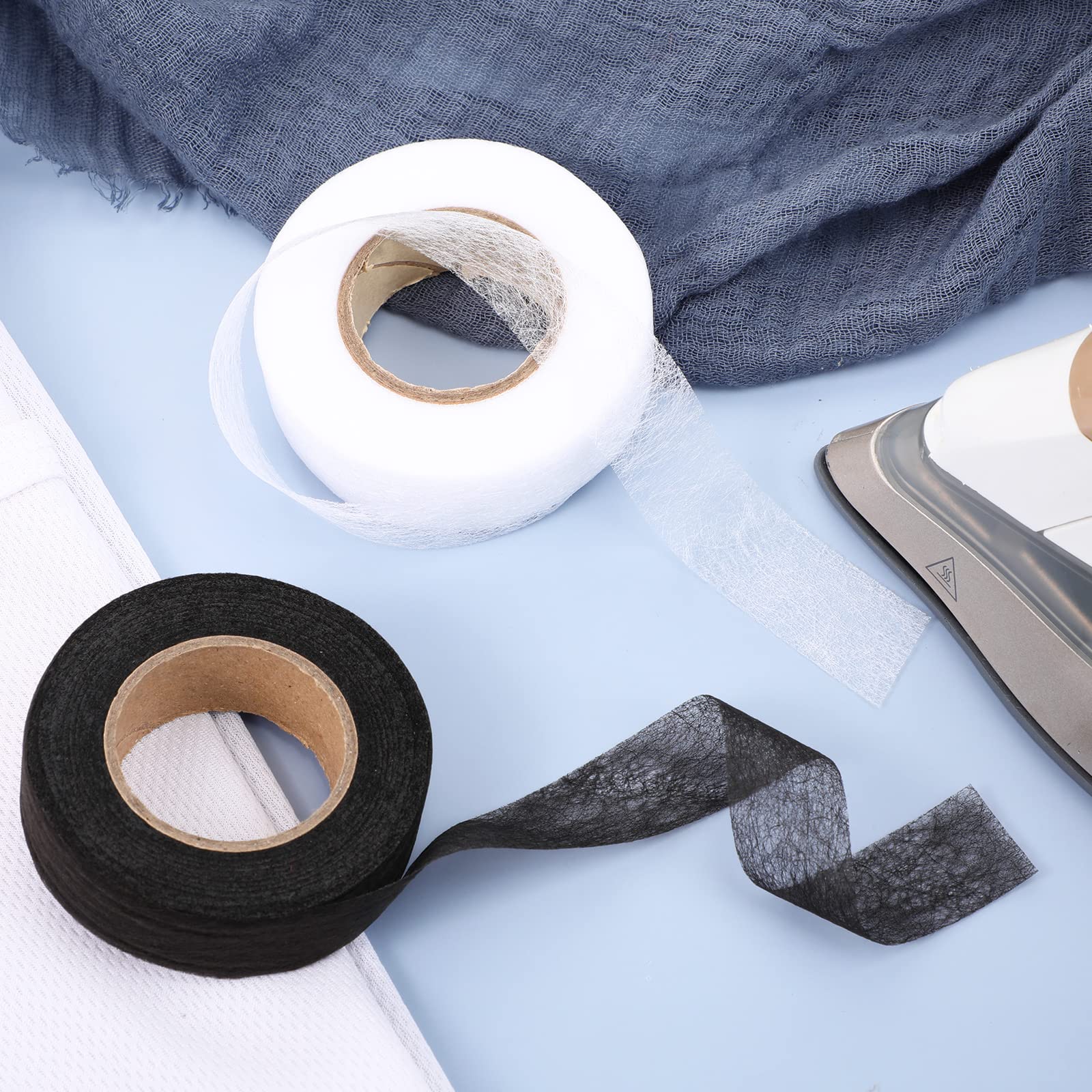 Outus 2 Rolls Fabric Fusing Tape - 1/2 Inch Iron-On Adhesive Hem Tape (27 Yards Each, Black & White) for Clothing Repairs, DIY Sewing & Craft Projects