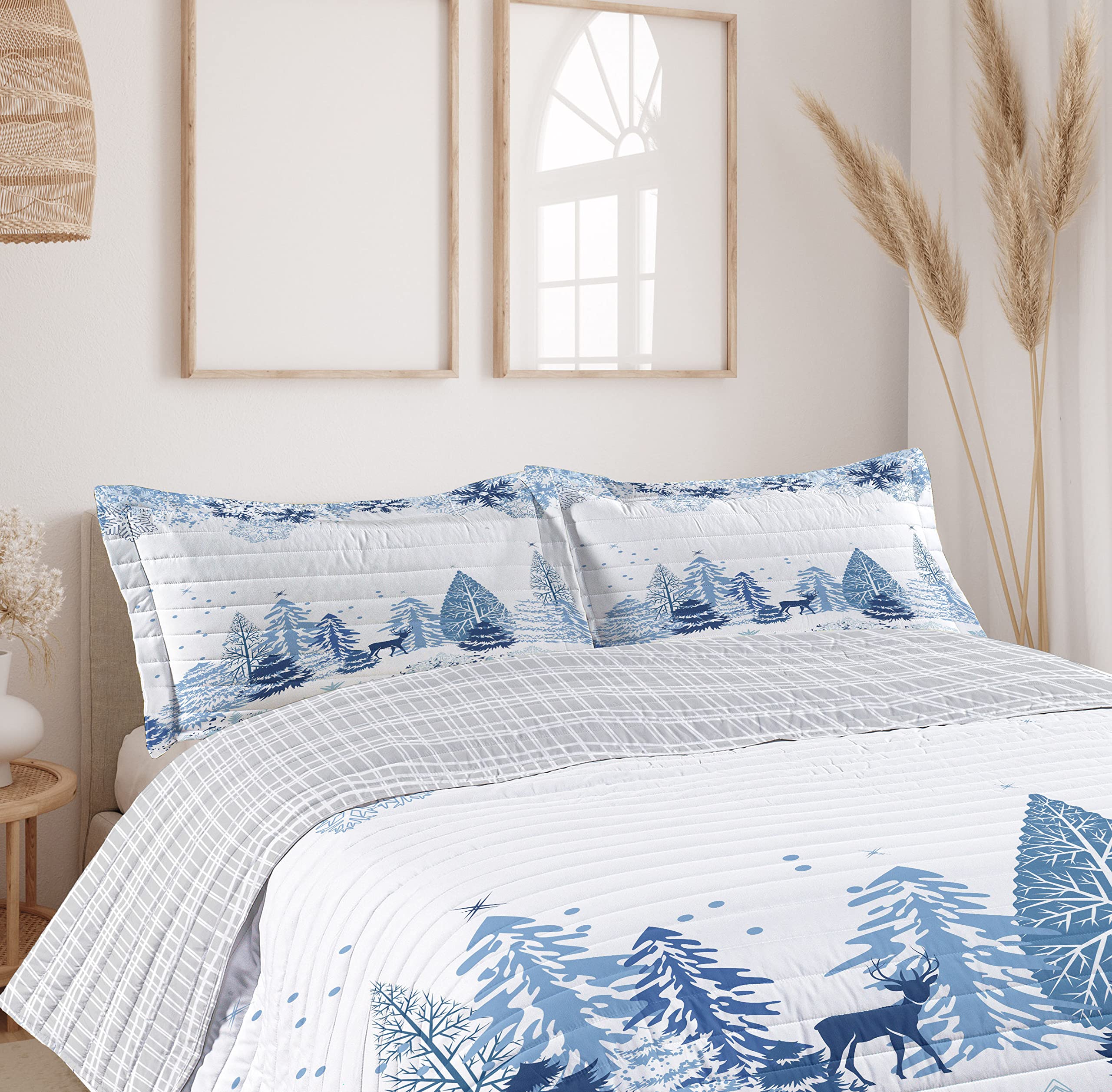 Ambesonne Winter Reversible King Size Bedspread Set - Blue White Microfiber Comforter with Deer, Snowy Trees & Christmas Pine Design | Includes Pillow Shams | Perfect for Holiday Decor & Cozy Winter Bedroom