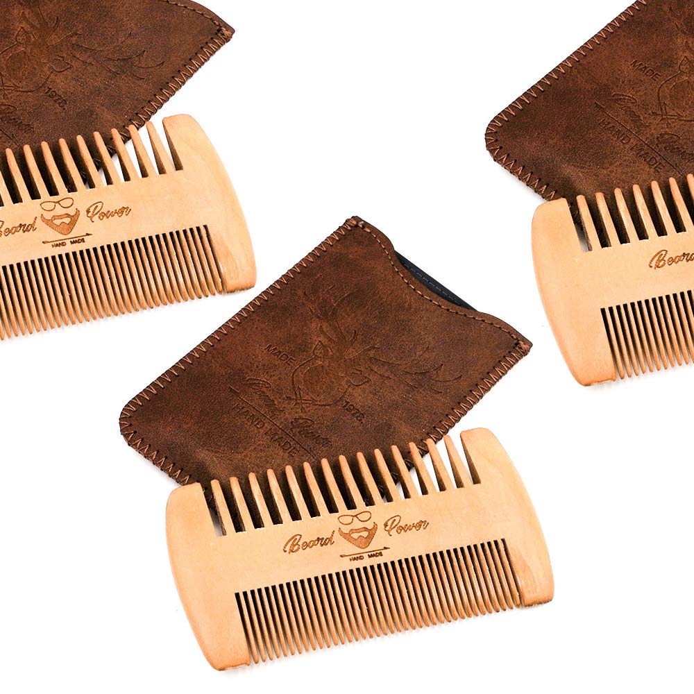 Premium Wooden Beard Comb Set - 3 Piece with Durable Travel Case for Men | Fine & Coarse Teeth for Mustache & Beard Grooming | Natural Brown Deer Design | Perfect for Daily Care & Travel Essentials