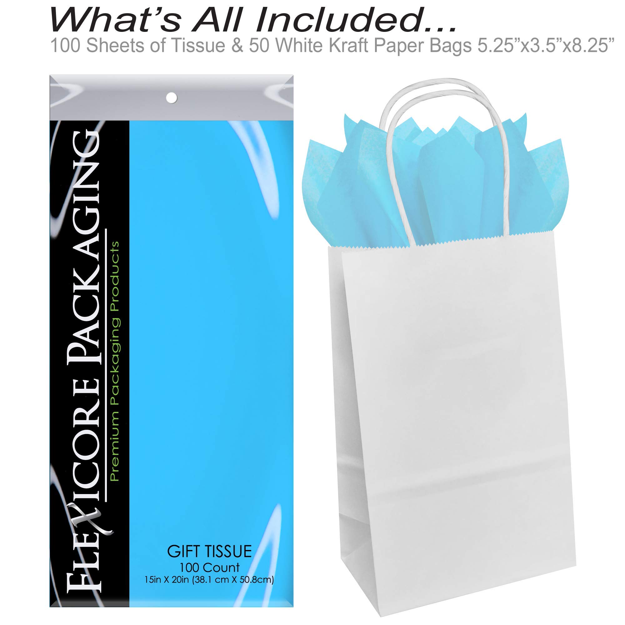 Premium White Kraft Paper Gift Bags with Light Blue Tissue Wrap - 5.25
