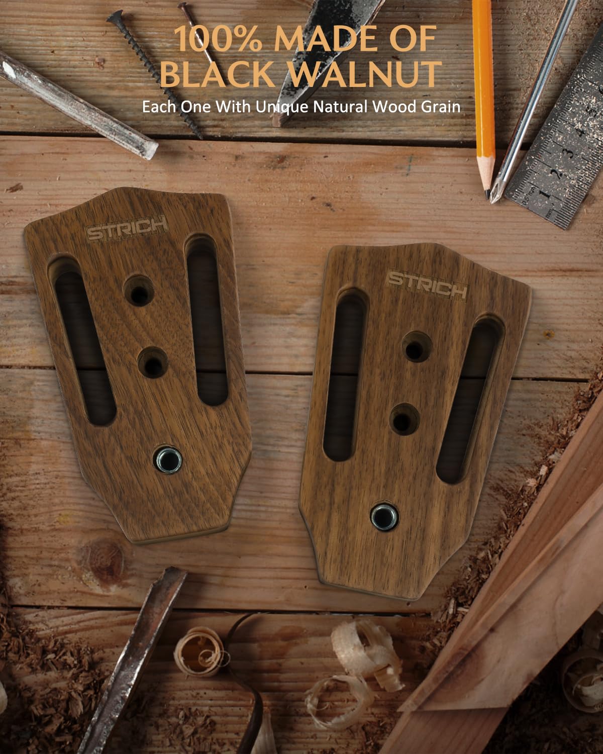Premium STRICH Walnut Guitar Wall Hanger - 2-Pack U-Shaped Guitar Hook Mount with Screws for Acoustic, Electric, Bass & Banjo | Secure Wall Mount for Bedroom, Studio & Music Room Decor
