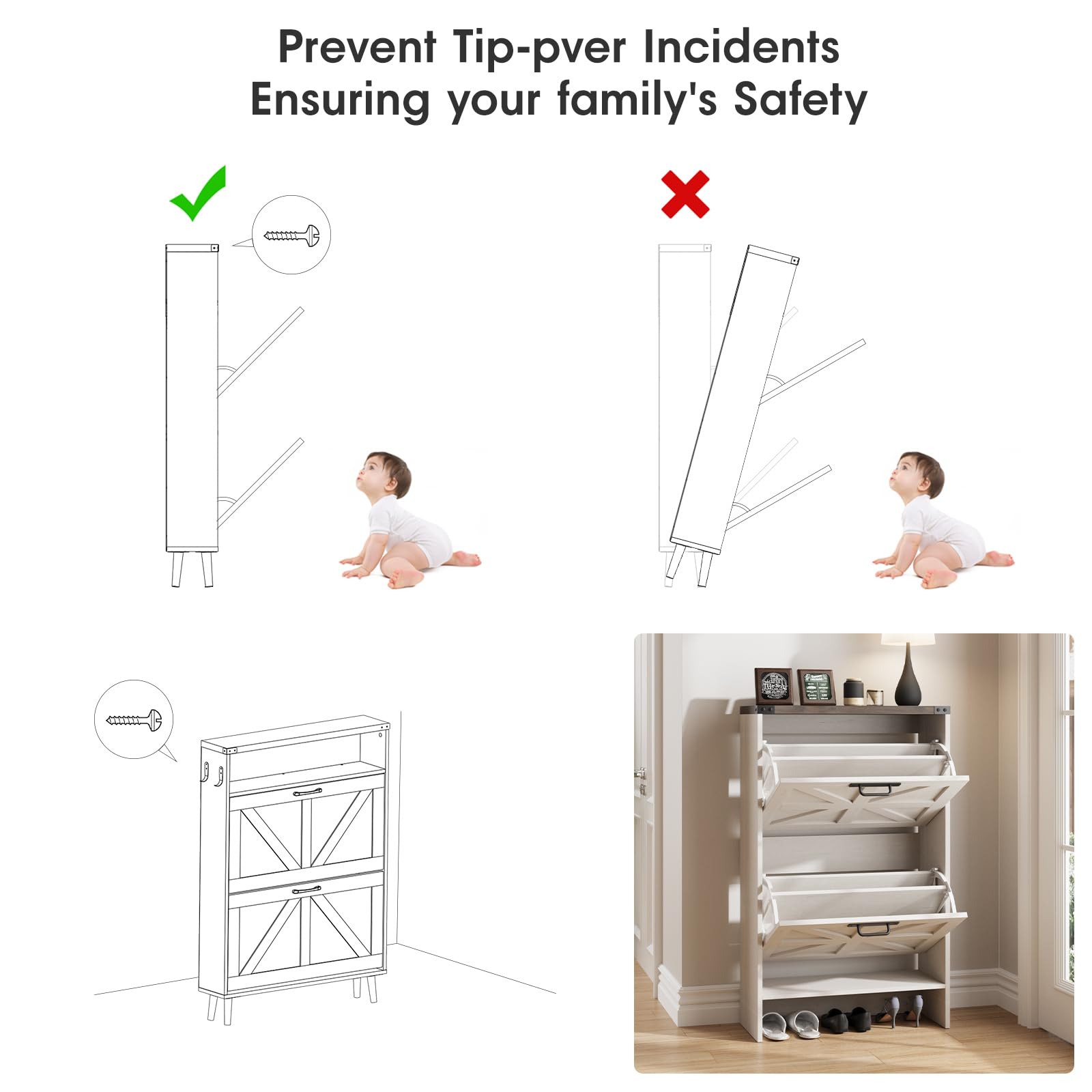 Farmhouse Style Slim Shoe Storage Cabinet with 2 Flip Drawers - Narrow Entryway Shoe Rack Organizer for Hidden Shoes - White - Perfect for Small Spaces, Apartments & Closet Organization