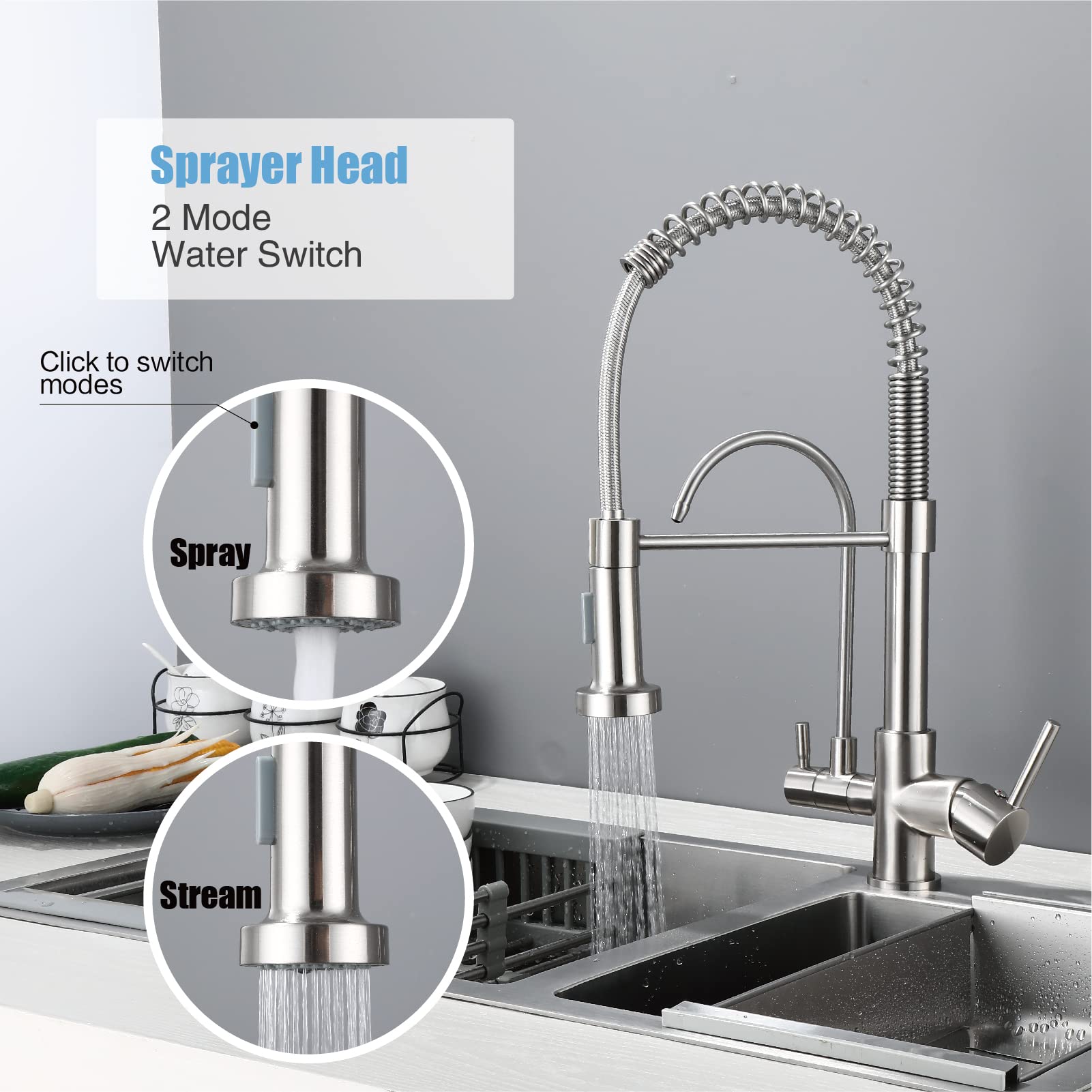 HUAHUALALA 3-in-1 Kitchen Sink Faucet with Sprayer & Water Filter - Brushed Nickel Drinking Water Faucet for Reverse Osmosis Systems | Perfect for Home, RV & Office Use