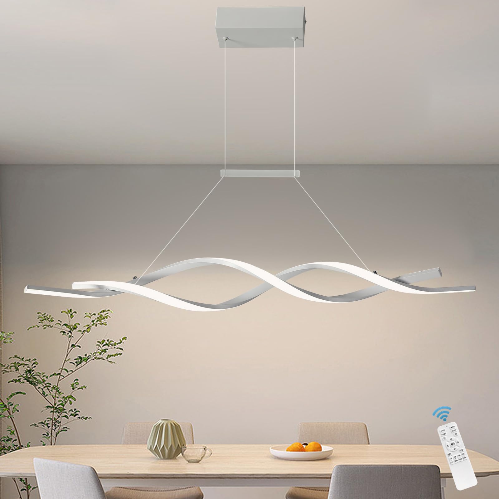 Jaycomey Modern Wave Shape LED Pendant Light - Dimmable Chandelier with Remote Control, 3000K-6000K Adjustable Color Temperature, 28W Energy Saving - Perfect for Dining Room, Kitchen Island, Restaurant & Living Room Lighting