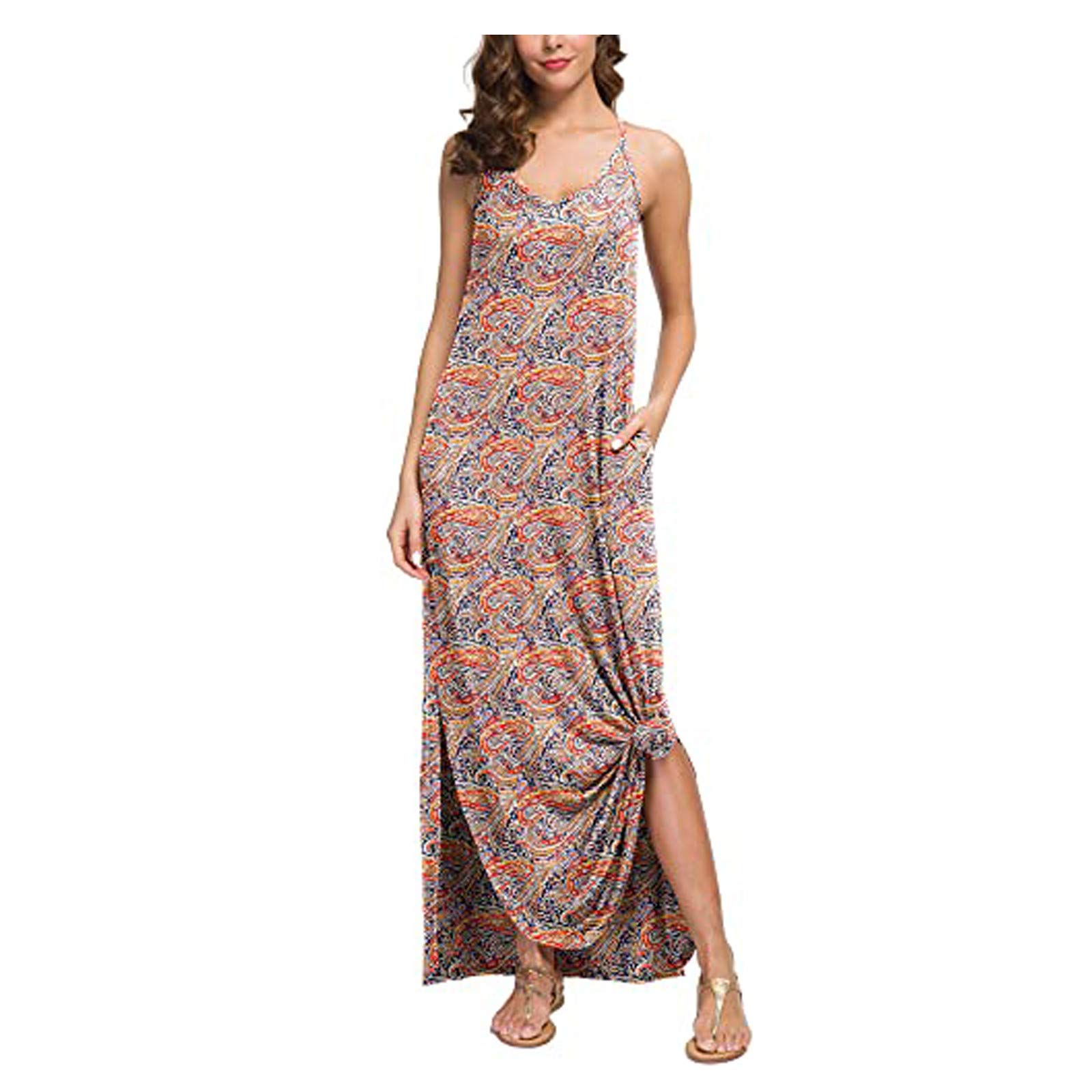 GTMANG Plus Size Casual Sling Pocket Long Dress with Slit - Floral Print Women's Spring Dress for Work, Party & Vacation
