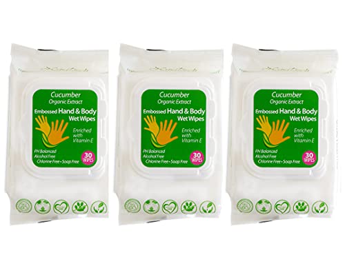 Organic Cucumber Hand & Body Wipes 3-Pack with Aloe Vera Extract | Alcohol-Free, Hypoallergenic | Perfect for Travel, Gym, Baby Care & On-the-Go Hygiene