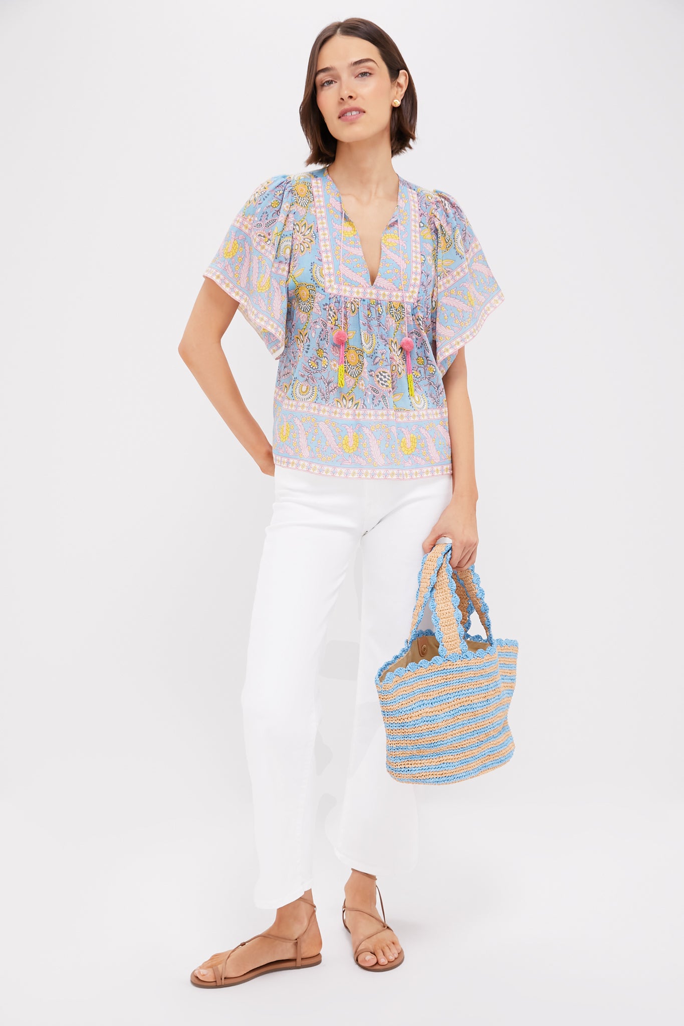 Blue and Yellow Printed Angel Top - Stylish Women's Blouse for Casual Wear, Parties & Special Occasions