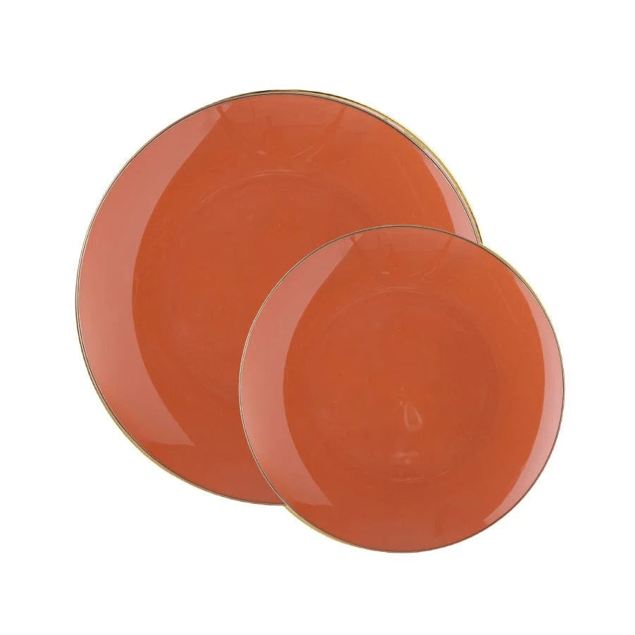 Eco-Friendly Rosewood Orange & Gold Rim Round Plastic Plates - 12-Pack Durable Disposable Dinnerware for Parties, Picnics & Outdoor Events