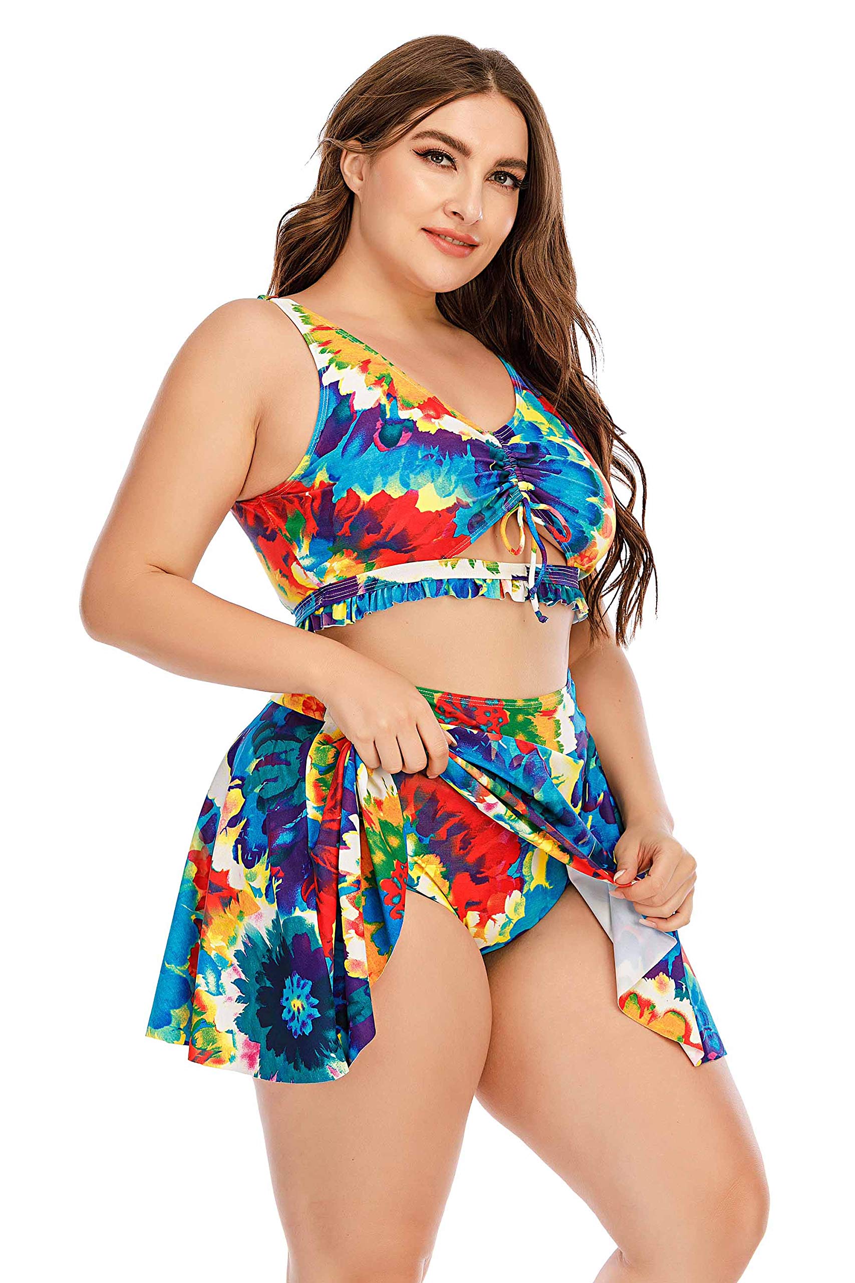 Wellwits Women's Plus Size Tie Dye Print 2 Piece Skirt Bikini Swimsuit Set - High Waisted Swim Dress for Beach Vacation & Pool Party