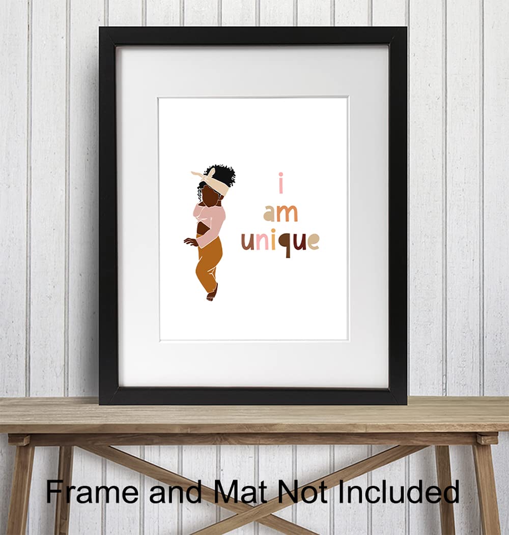 African American Girl Wall Art - Motivational Inspirational Quotes Poster for Black Culture - Positive Affirmations Decor - Cute Little Girls Bedroom Wall Decor - I Am Unique - Perfect for Nursery, Kids Room & Office Inspiration