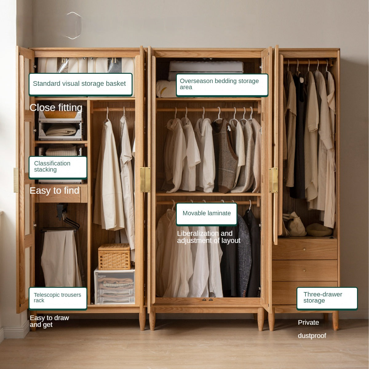 Solid Oak Wood Rattan Wardrobe - Stylish Storage for Bedroom, Living Room & Closet Organization