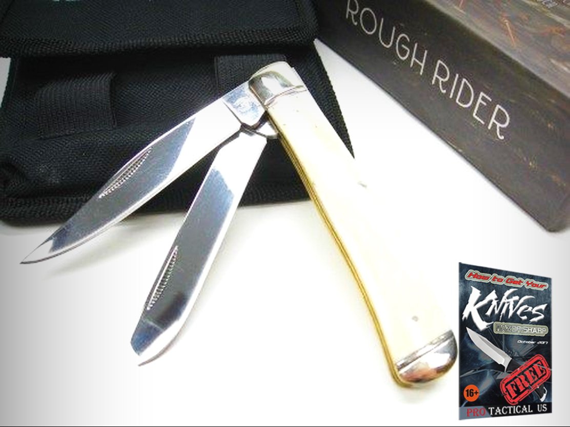 ROUGH RIDER White Bone Scrimshaw 2-Blade Folding Pocket Knife with Leather Pouch - Hunting, Camping & Outdoor Survival Tool - ProTactical USA 0011579