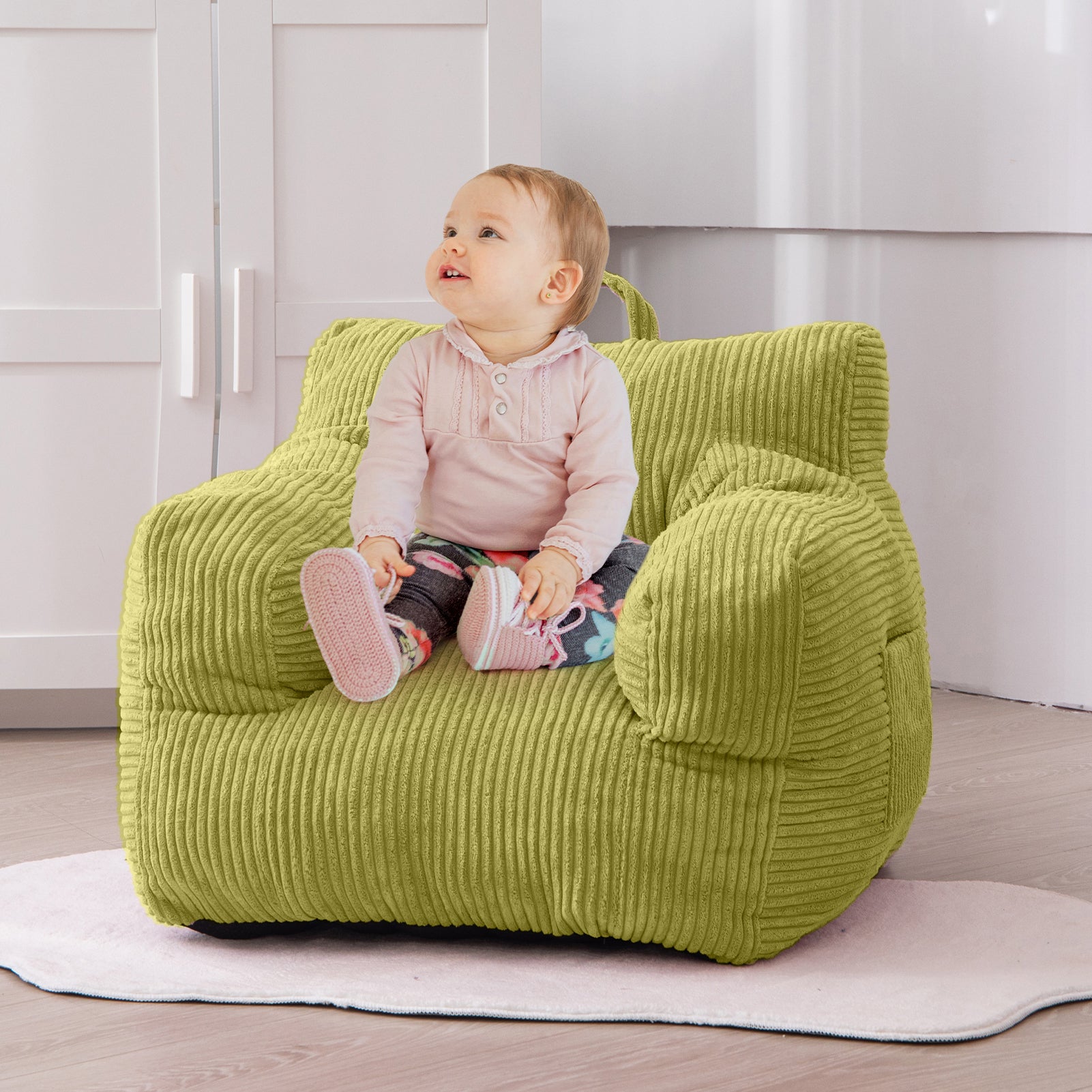 MAXYOYO Kids Bean Bag Chair - Soft Corduroy Bean Bag Couch with Armrests for Children's Bedroom, Playroom & Dorm (Green) - Perfect for Reading, Gaming & Relaxing