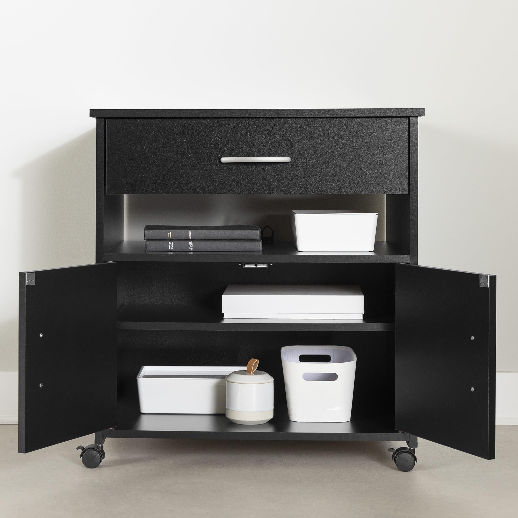 South Shore 2-Door Mobile Printer Stand with Storage - Pure Black, 19.75