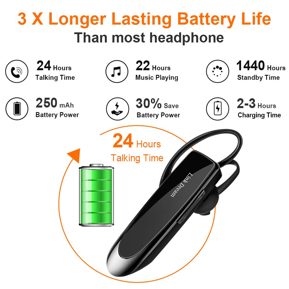 Link Dream Bluetooth Earpiece Wireless Headset with Noise Cancelling Mic - 24Hrs Talk Time & 1440Hrs Standby - Compatible with iPhone & Android - Perfect for Drivers, Truckers & Office Workers (2 Pack) - Hands-Free Calling for Safe Driving & Business Communication