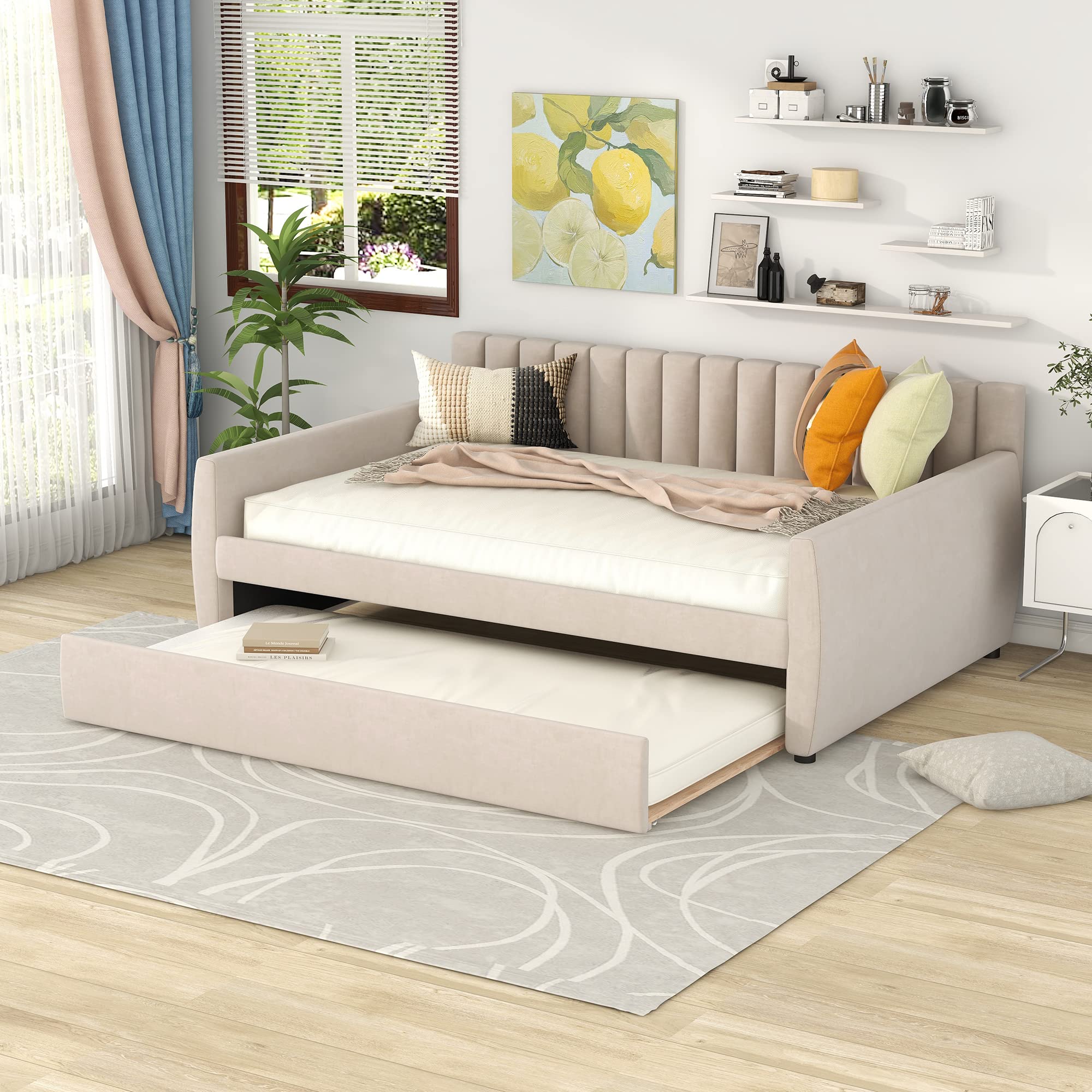 P PURLOVE Full Size Upholstered Daybed with Trundle - Velvet Sofa Bed with Pull Out Trundle & Wood Slats for Living Room, Guest Bedroom & Small Space - Convertible Sleeper Sofa for Lounge, Nap & Overnight Guests