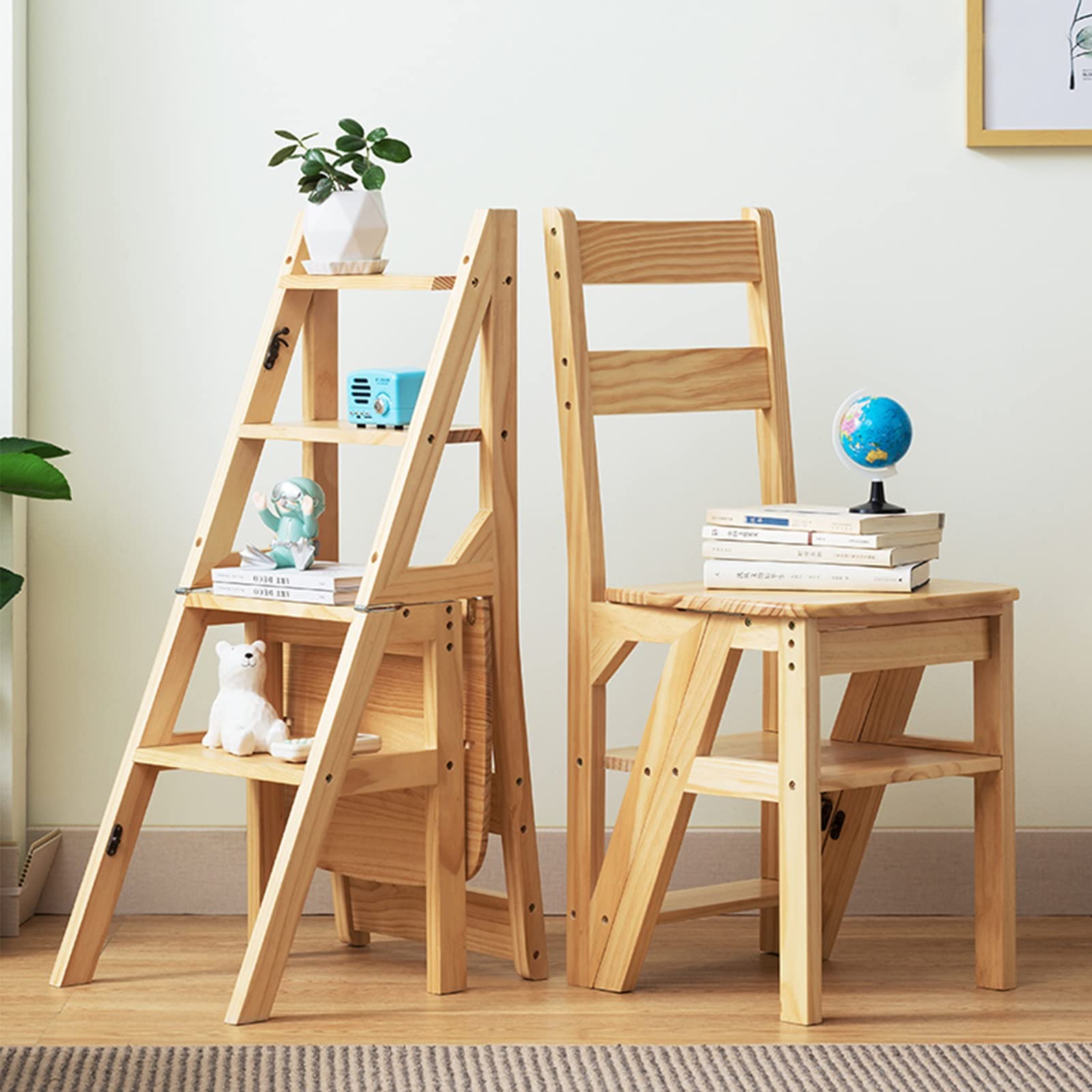 FADUNI 4-Step Wooden Folding Step Stool - Multifunctional Ladder Stool with Display Shelf, Compact Storage, Non-Slip Steps for Home, Kitchen, Library & Closet Organization (Brown)