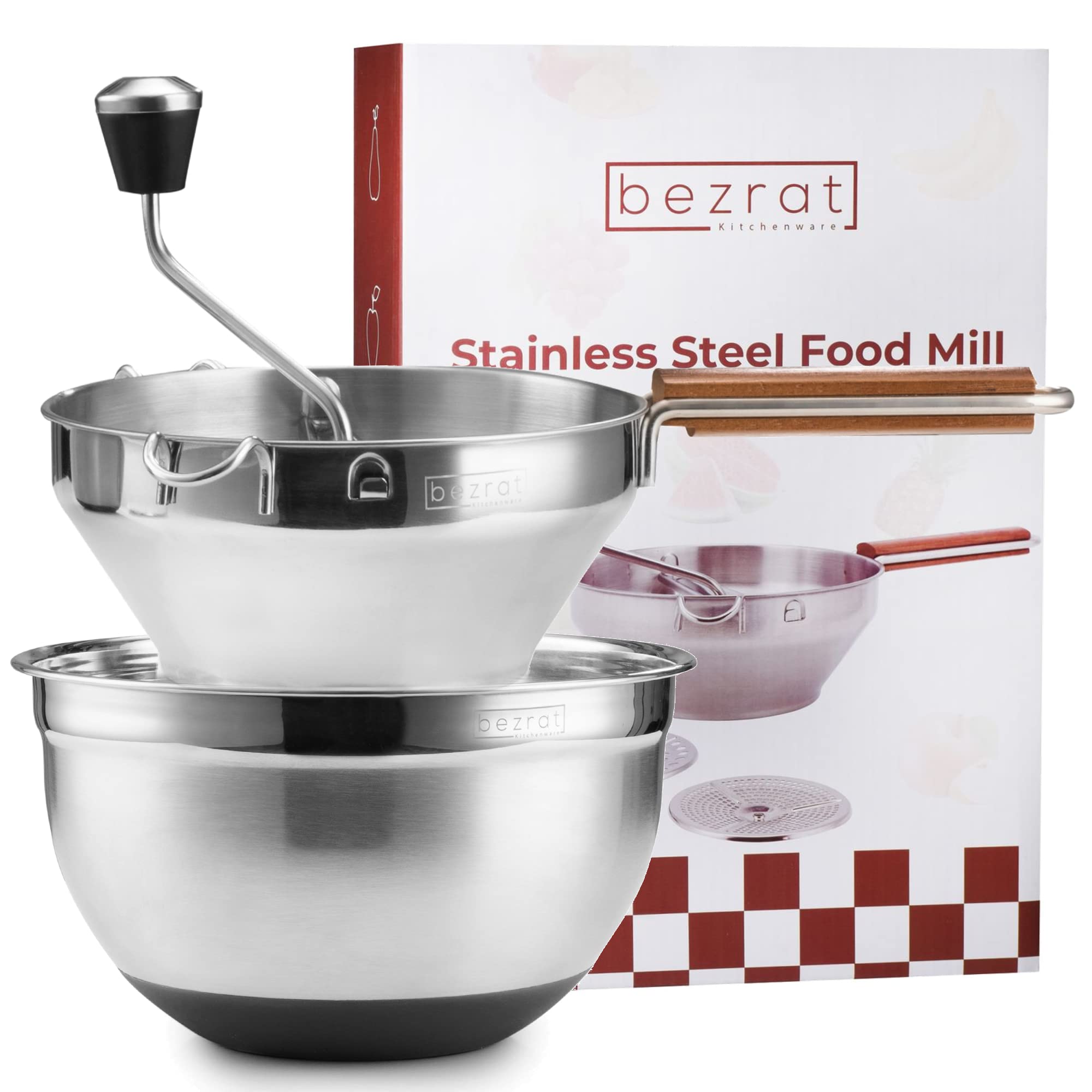 3-in-1 Stainless Steel Food Mill with 3 Grinding Discs & Mixing Bowl - Hand Crank Grain Mill for Mashing Potatoes, Straining Fruits & Grating Vegetables - Perfect for Baby Food, Purees & Homemade Sauces - Ideal for Kitchens, Restaurants & Food Preparation