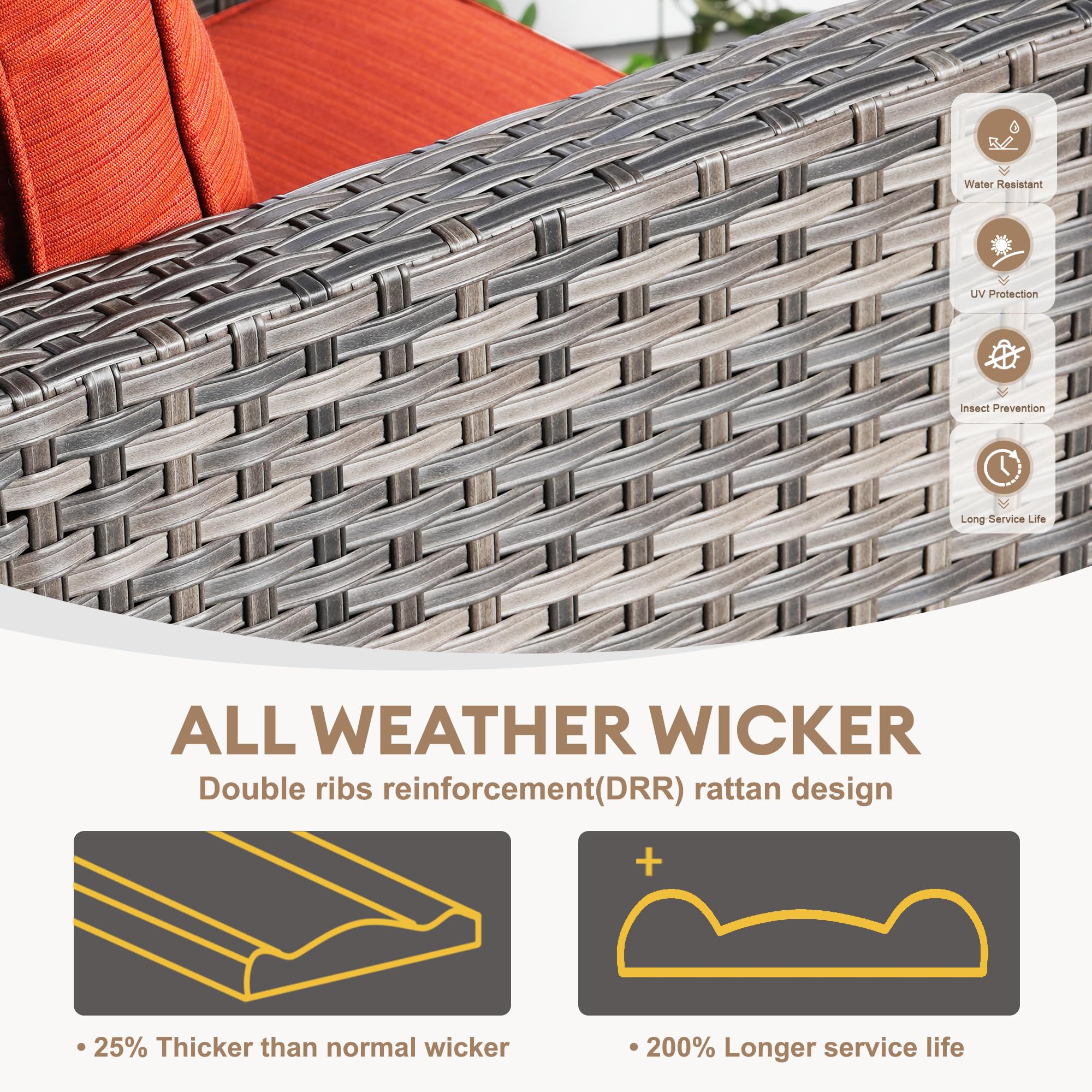 Weather-Resistant Outdoor Patio Sofa Set with 2 Ottomans & 2 Pillows - Deep Seating Wicker Couch for Balcony, Porch, Backyard - Perfect for Relaxing, Entertaining & Outdoor Lounging (Orange Red)