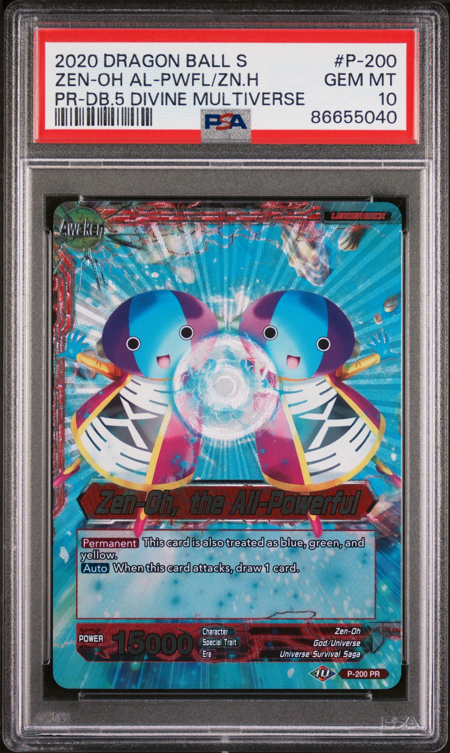 2020 Dragon Ball Super Zen-Oh AL PWFL/ZN.H #P 200 PSA 10 Graded Card - Perfect for Collectors, Anime Fans & Investment - Display in Home, Office or Gaming Room