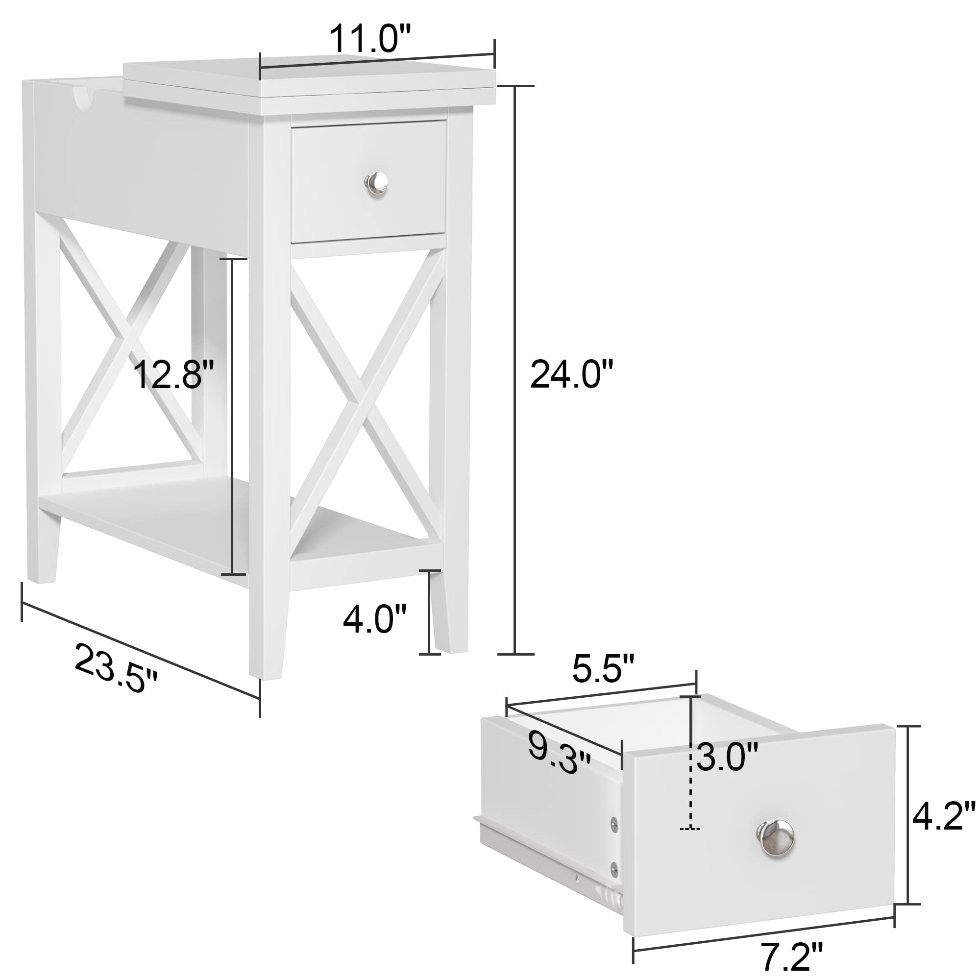 ChooChoo White Flip Top Narrow End Table with Drawer - MDF Material Small Side Table Nightstand for Living Room, Bedroom & Small Spaces - Perfect for Tight Corners, Studio Apartments & Cozy Reading Nooks