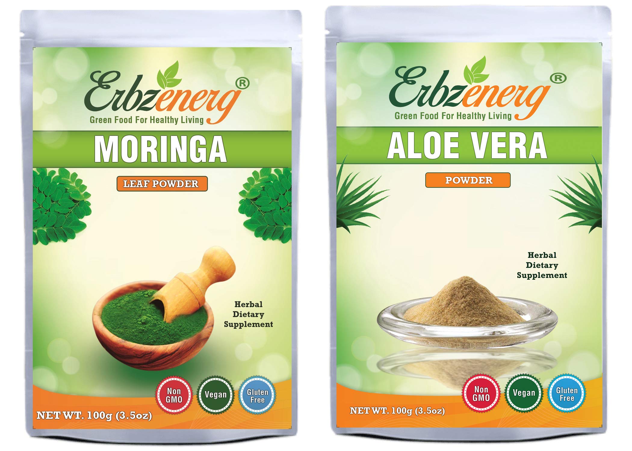 ERBZENERG® Organic Moringa Powder 100g & Aloe Vera Extract Powder 100g - Premium Superfood Supplement for Energy, Detox & Skin Health | Ideal for Smoothies, Teas & Wellness Routines