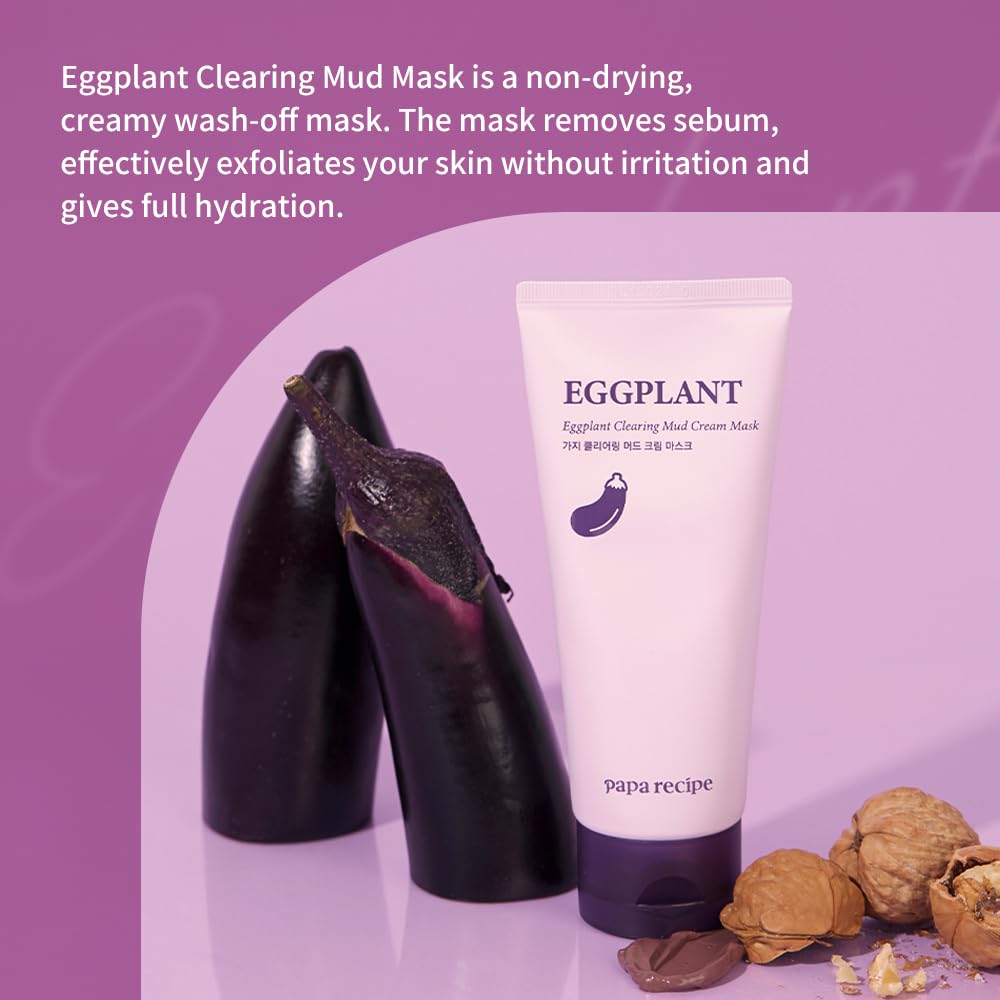 Papa Recipe Eggplant Mud Cream Mask - Hydrating Wash Off Face Pack, Pore Cleansing Exfoliator | Korean Skin Care for Men & Women (100ml/3.38 fl oz) | Deep Cleansing for Oily & Acne-Prone Skin, Spa Day Essential