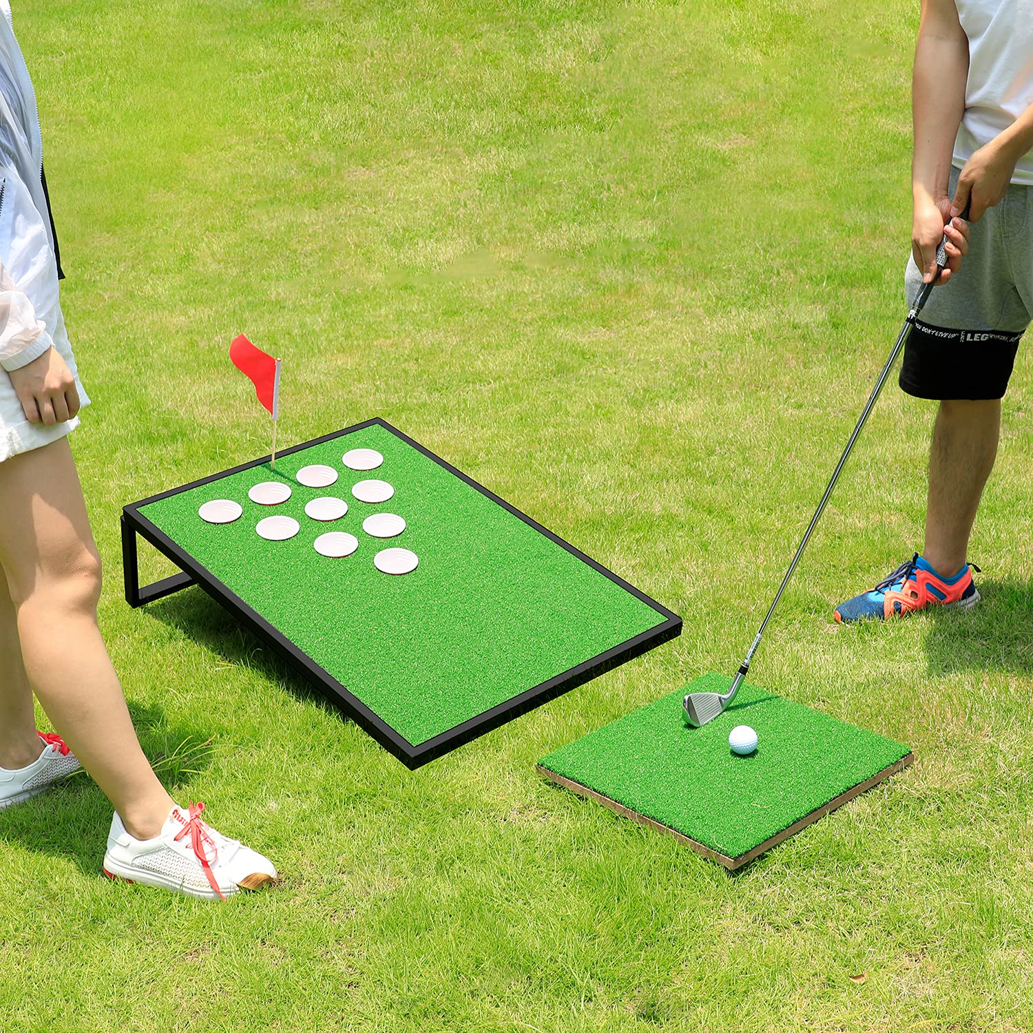 Premium Golf Cornhole & Pong Game Set with Chipping Mats & Balls - Fun Backyard, Tailgate, and Outdoor Party Game - Perfect Gift for Golfers, Family, and Friends