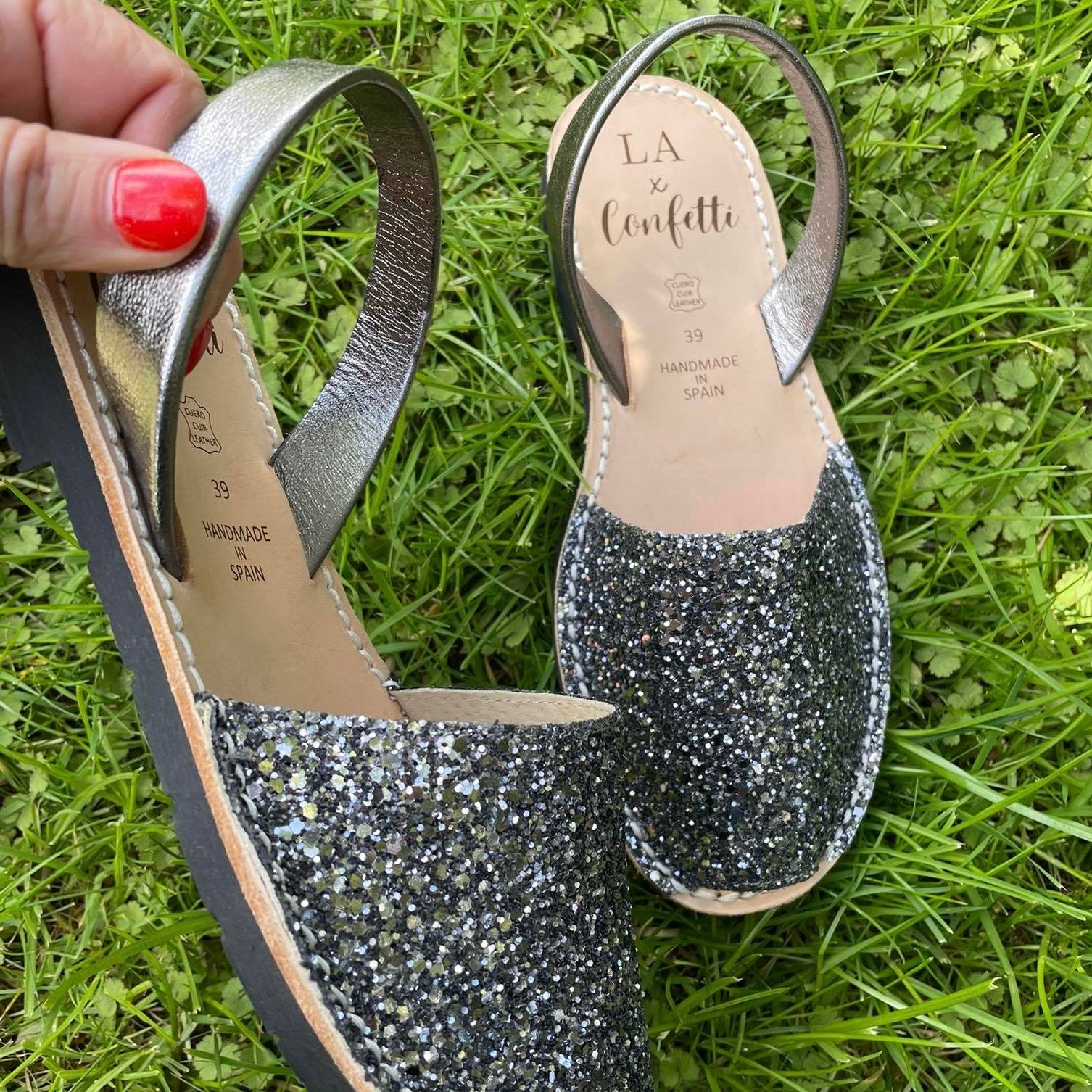 LA x Confetti Classic Avarcas Gunmetal Glitter Sandals - Women's Comfortable Summer Casual Shoes for Beach, Party & Outdoor Wear