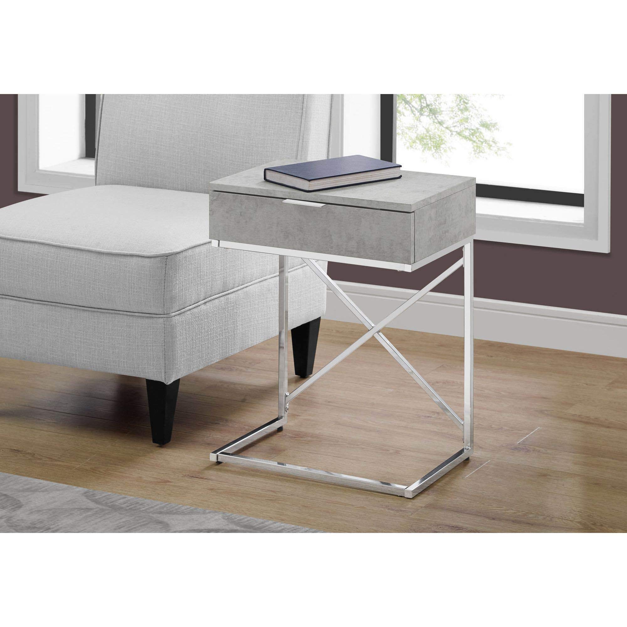 Offex 24 Inch Height Modern Rectangular Accent Side Table with Chrome Metal Base - Grey Cement Finish for Living Room, Bedroom & Office Decor